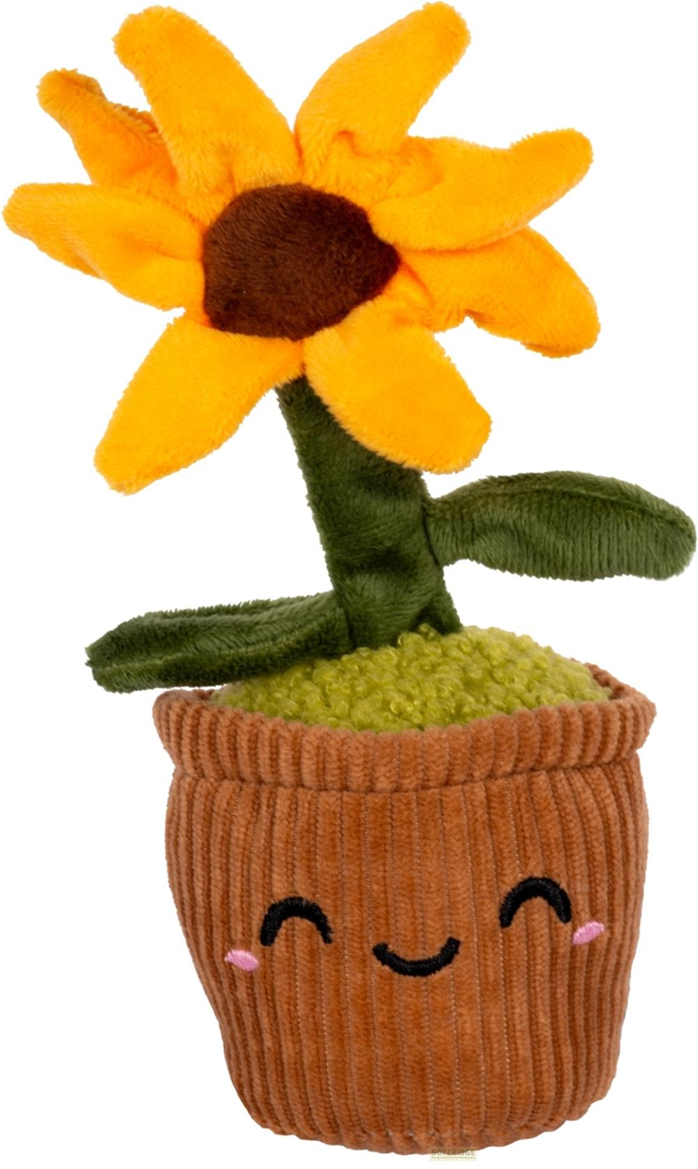 Plüsch-Sonnenblume im Topf mit lachendem Gesicht.