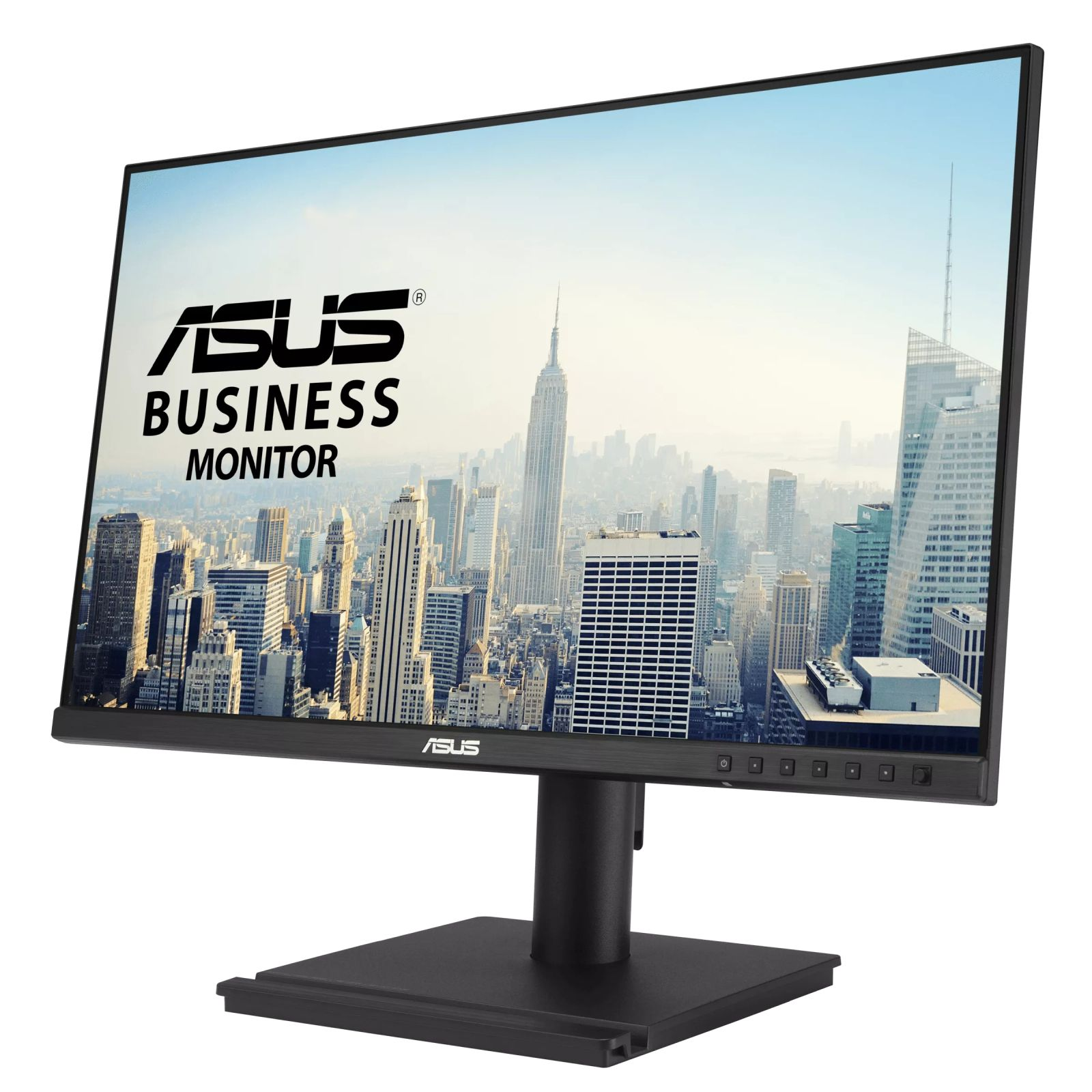 An Asus Business Monitor displays a city skyline with skyscrapers and the Asus logo.
