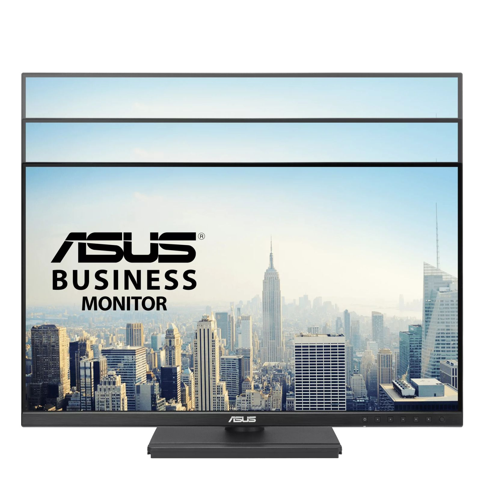An ASUS Business Monitor displays a New York City skyline with the Empire State Building.