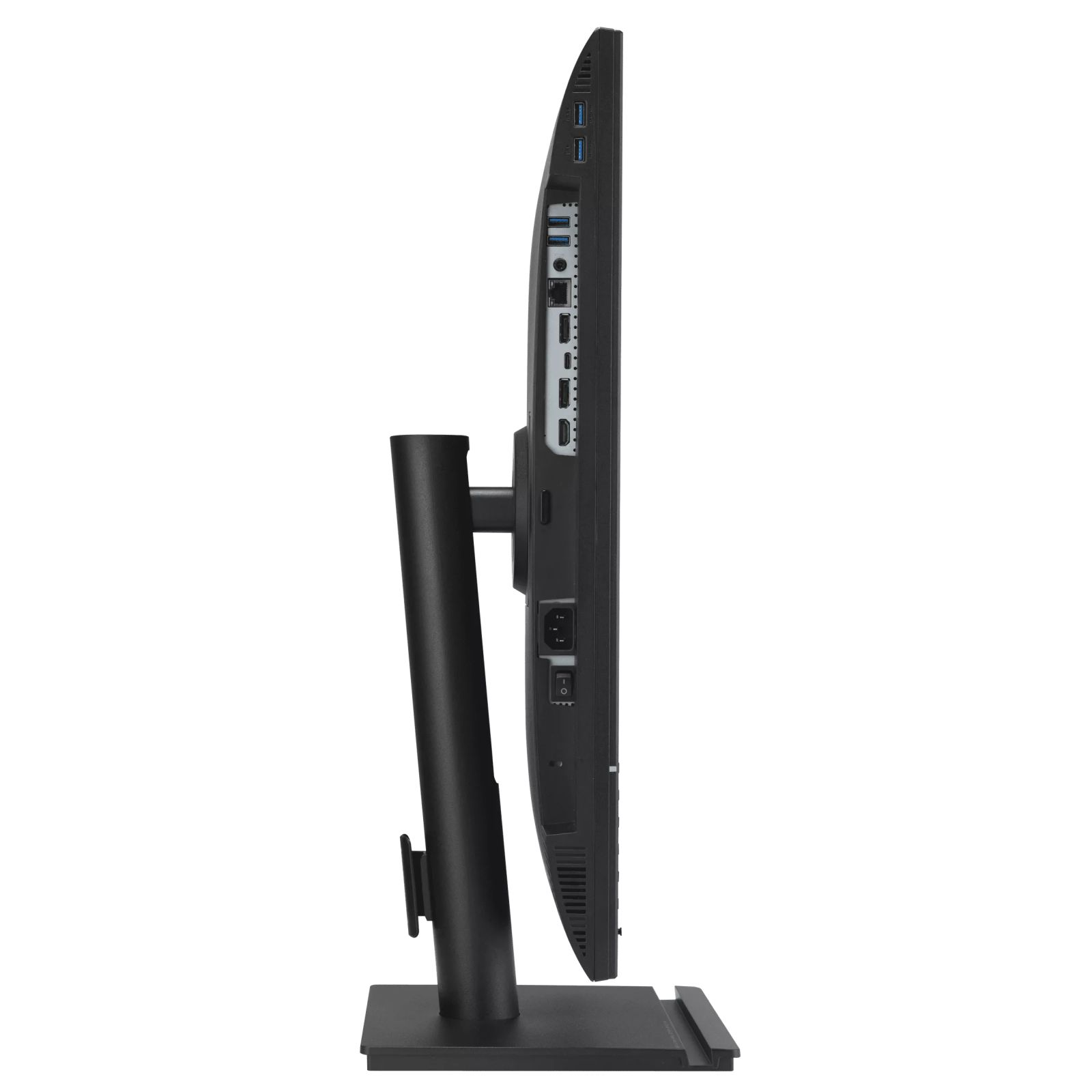 Side view of a black monitor with ports and a stand. White background.