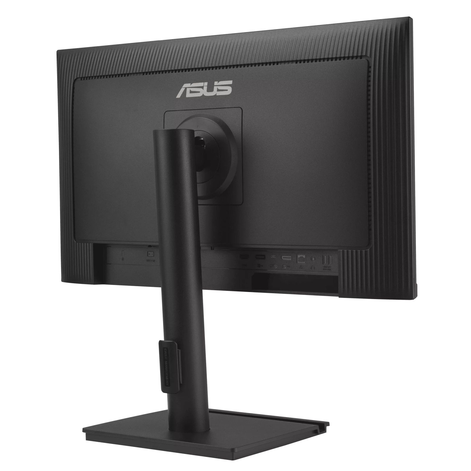Rear view of a black Asus monitor with ports and integrated stand on a white background.