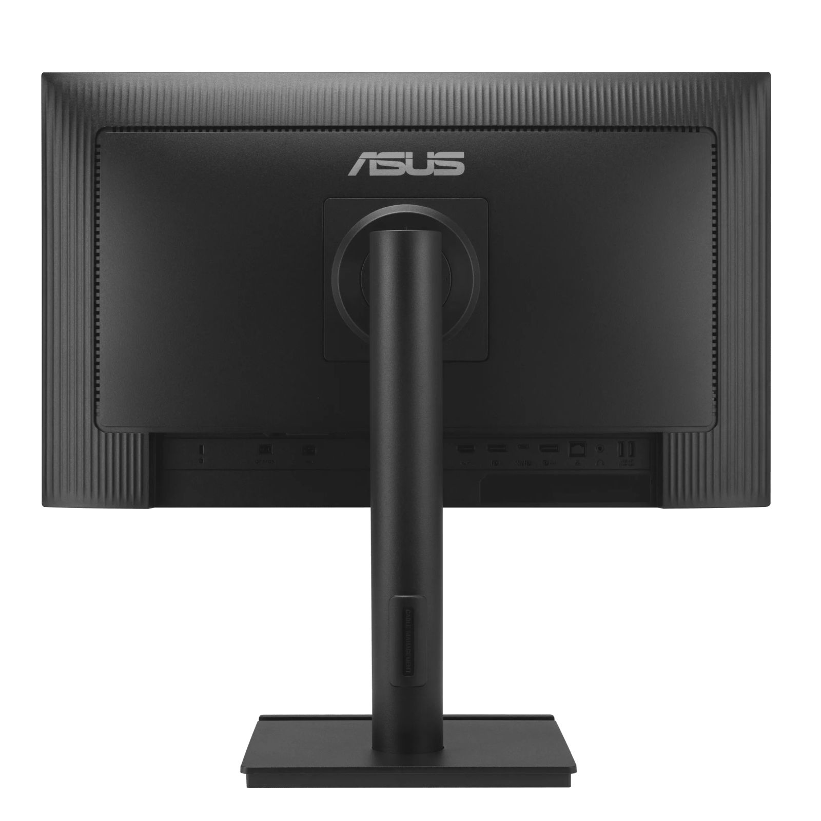 Back of a black ASUS monitor showing ports and stand. White background.