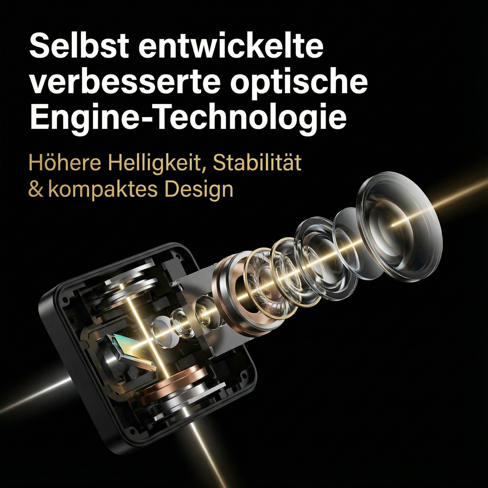 Zeigt eine zerlegte Kameraoptik mit Lichtstrahlen auf schwarzem Hintergrund.