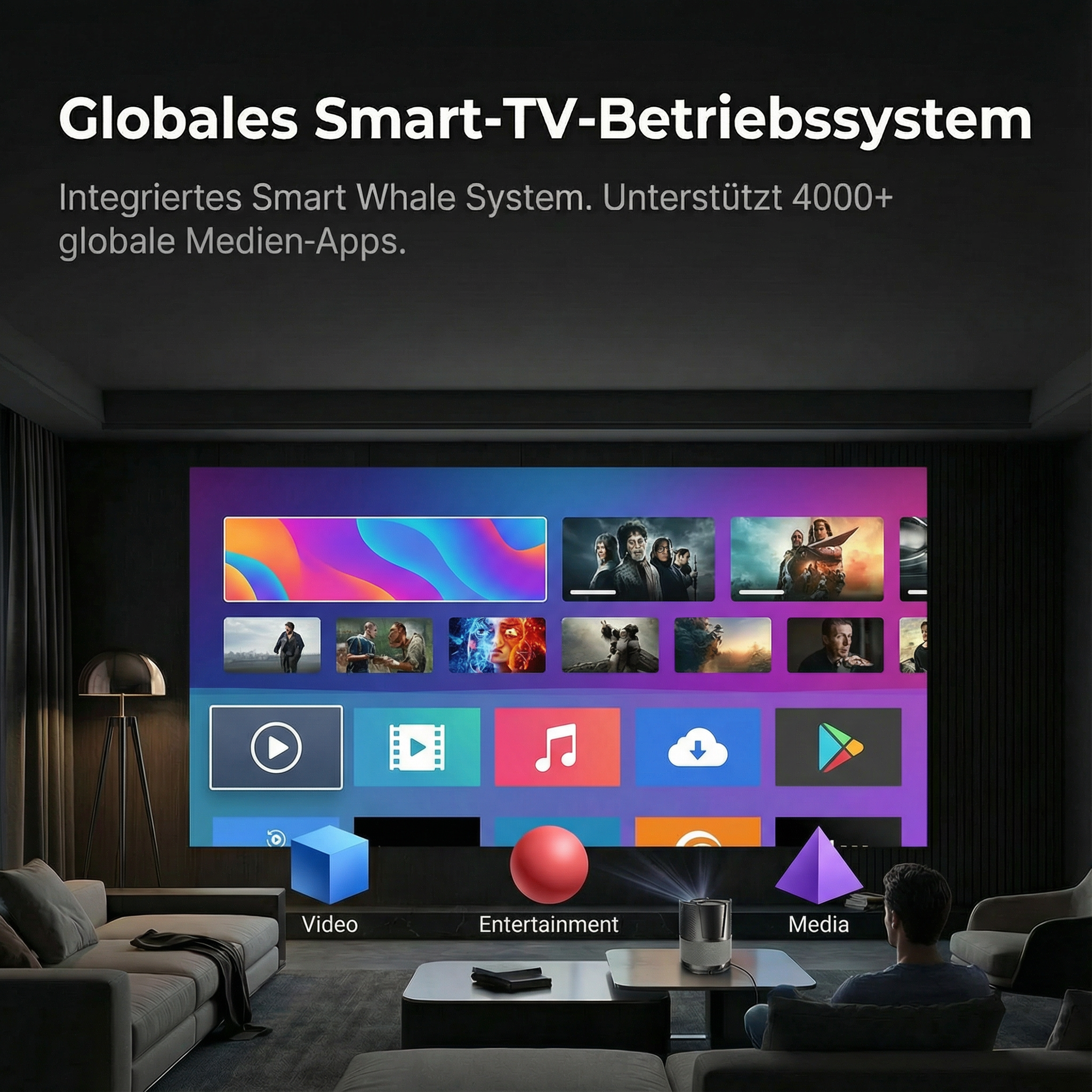 Ein Wohnzimmer mit einem großen Bildschirm, der ein Smart-TV-Betriebssystem zeigt.