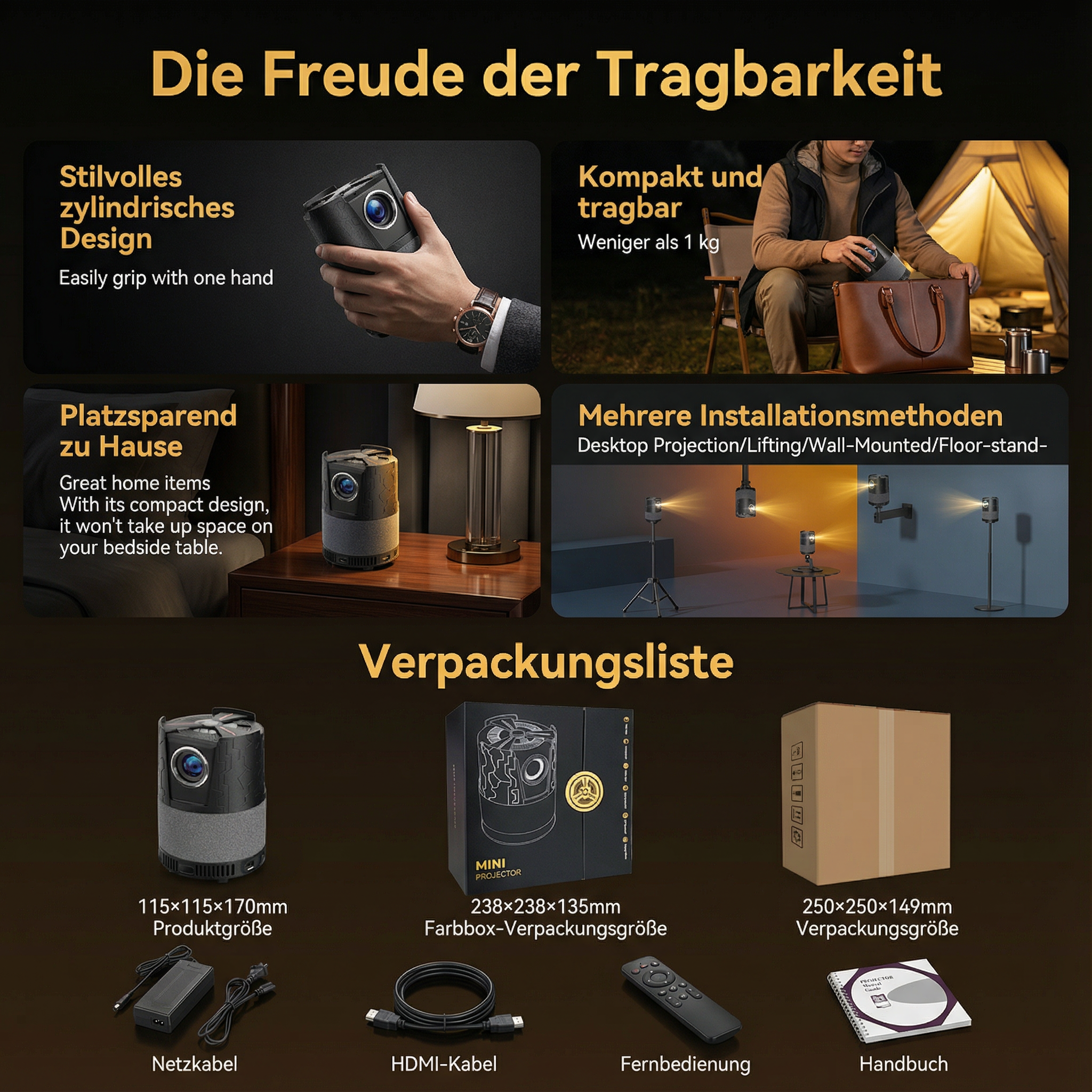 Produktübersicht: Mini-Projektor, Zubehör und Verpackungsgrößen.