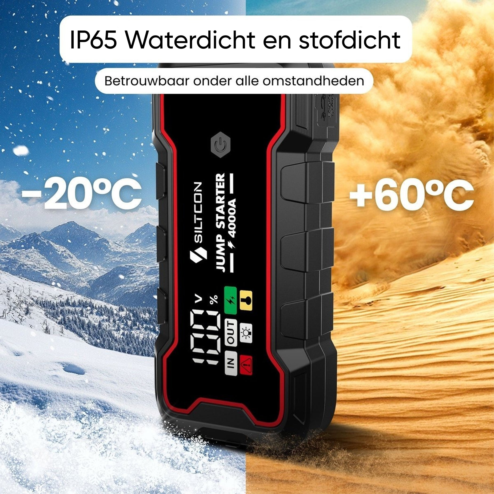 Jump starter voor extreme temperaturen: -20°C tot +60°C, IP65 waterdicht.