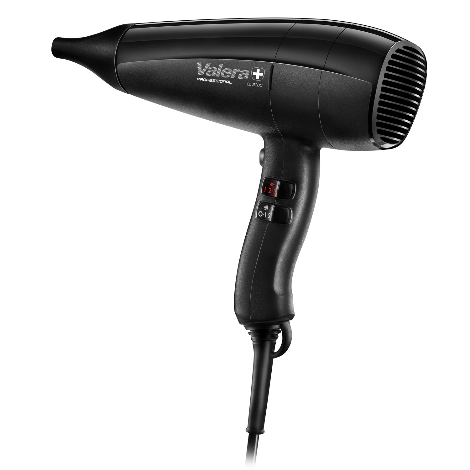 Czarna suszarka do włosów Valera z srebrnym logo i przyciskami sterującymi.