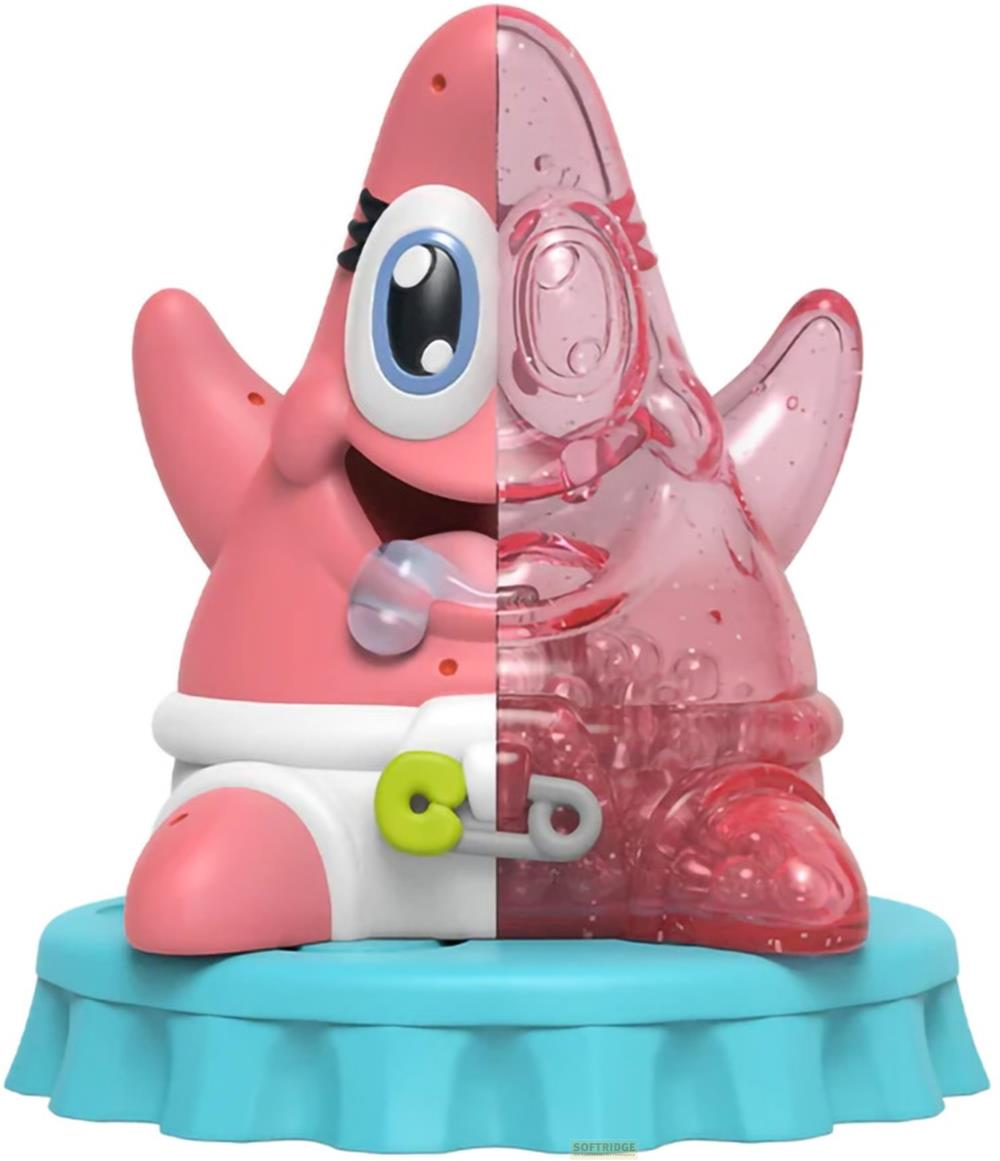 Patrick Star als Baby, halb rosa, halb durchsichtig, auf blauem Sockel.