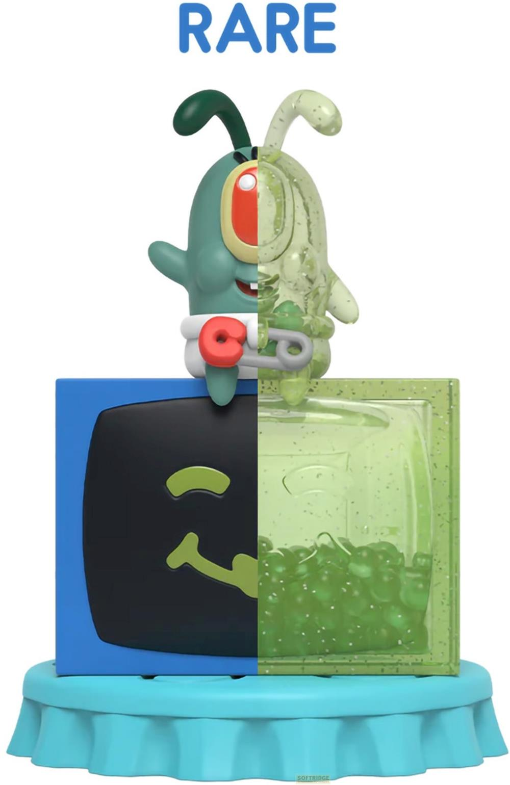 Plankton-Figur, halb grün, halb geleeartig, auf einem Sockel mit schwarzem und grünem Design.