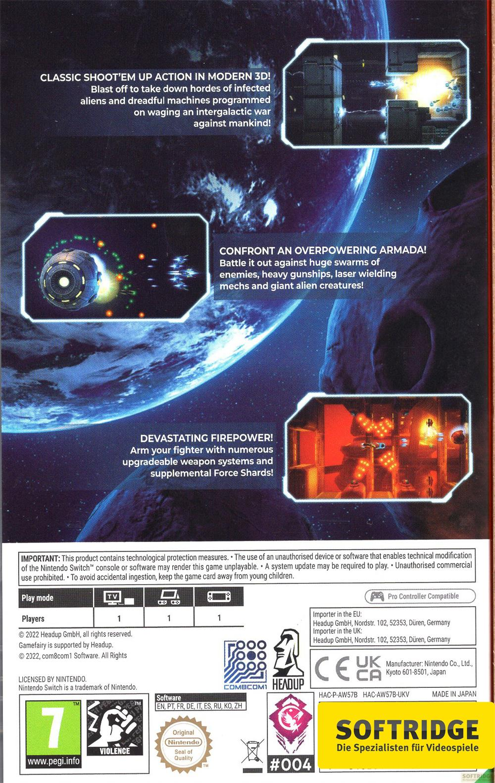 Copertina gioco sparatutto spaziale con astronavi, pianeti e caselle di testo.