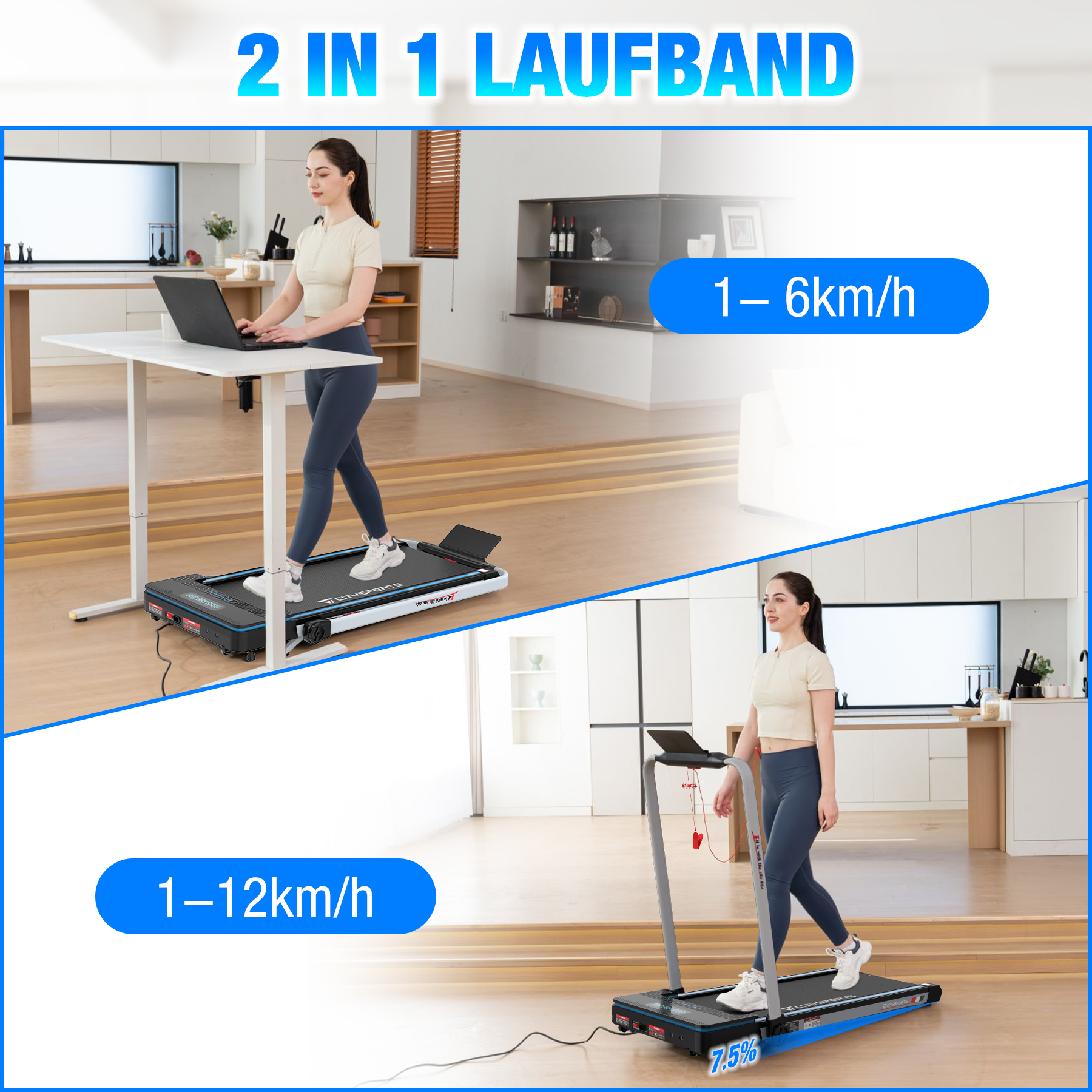 Frau auf Laufband unter Stehtisch (1-6km/h) und auf Laufband (1-12km/h).