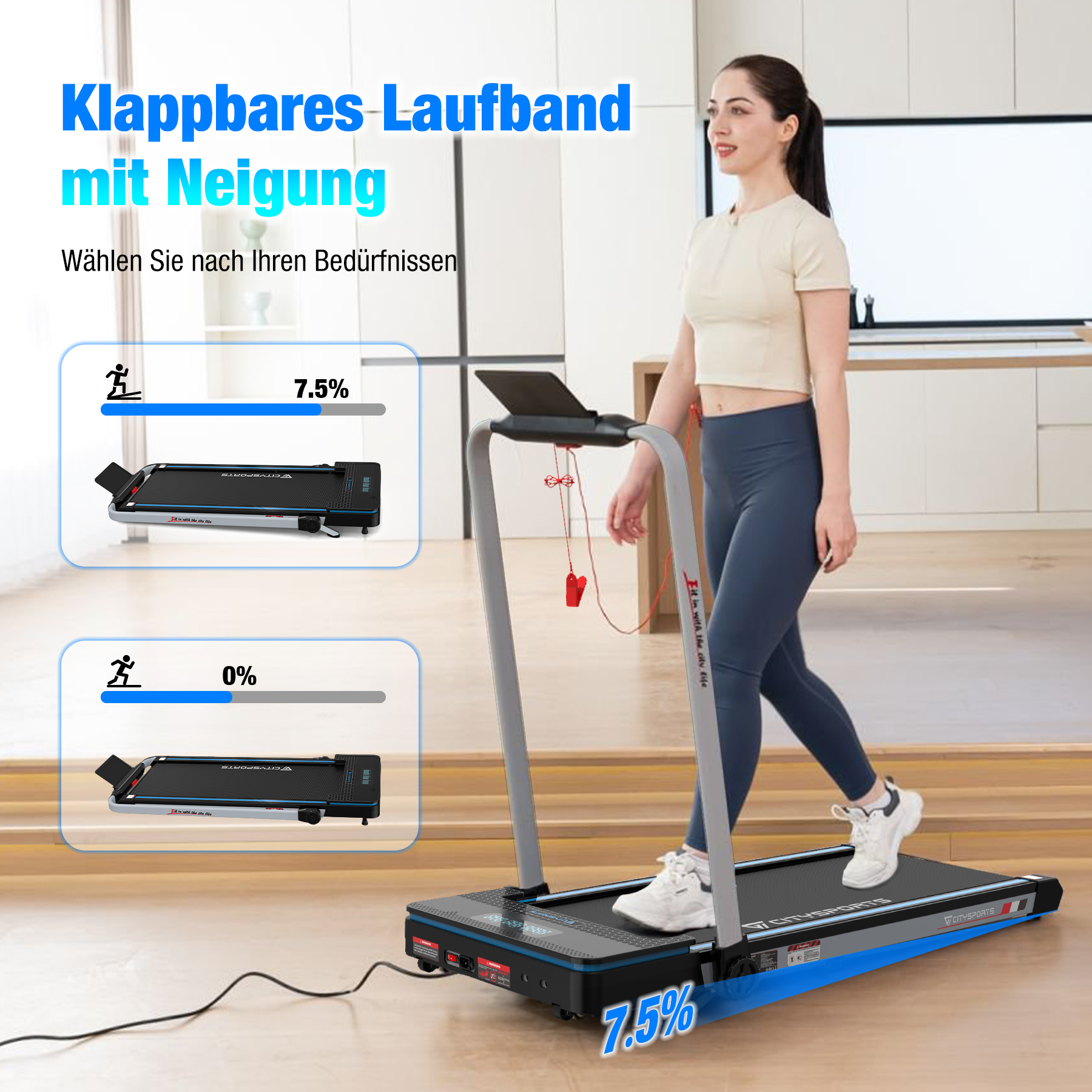 Frau auf einem Laufband mit Neigungsanzeige von 7,5%.