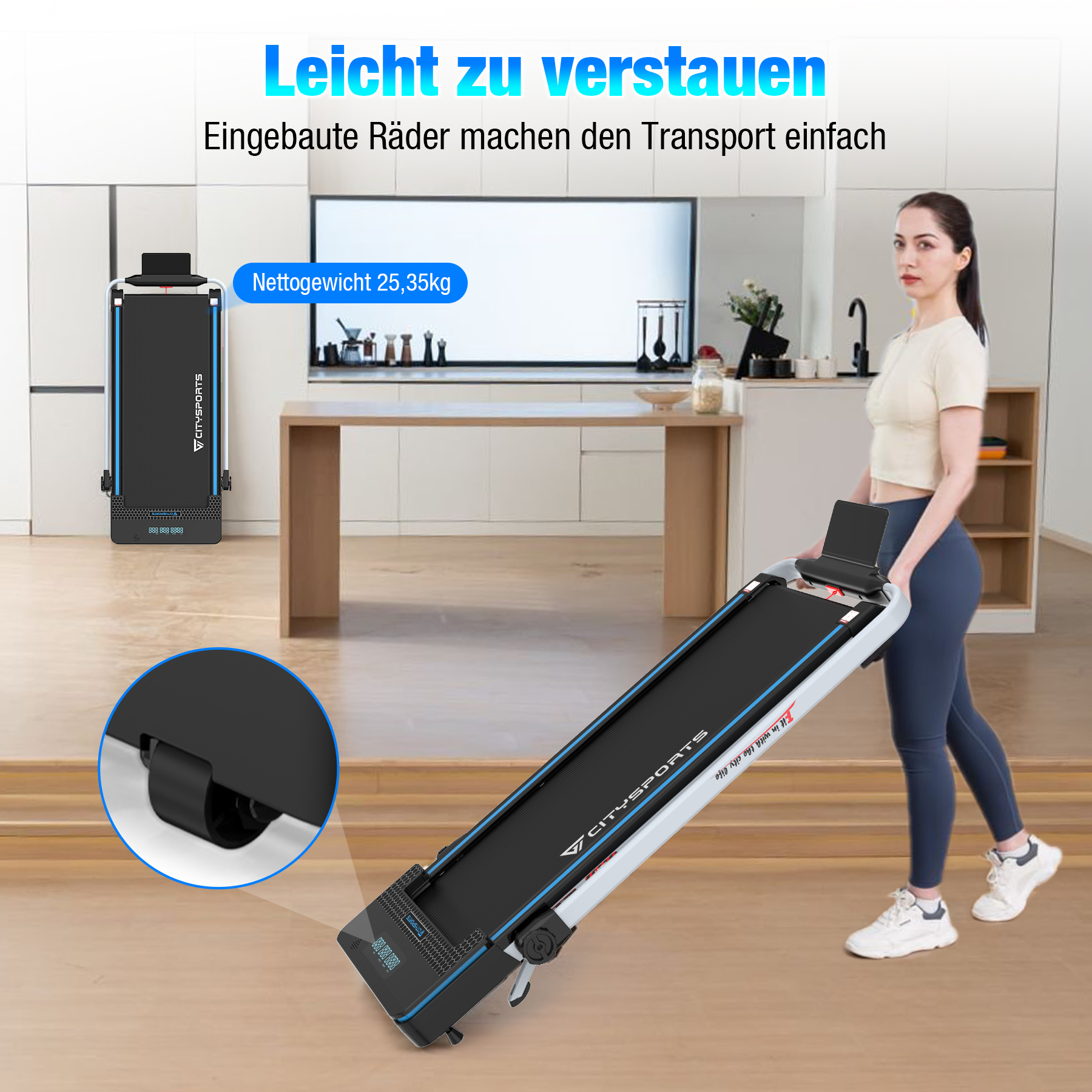 Eine Frau schiebt ein zusammenklappbares Laufband mit Rädern in einer Küche.