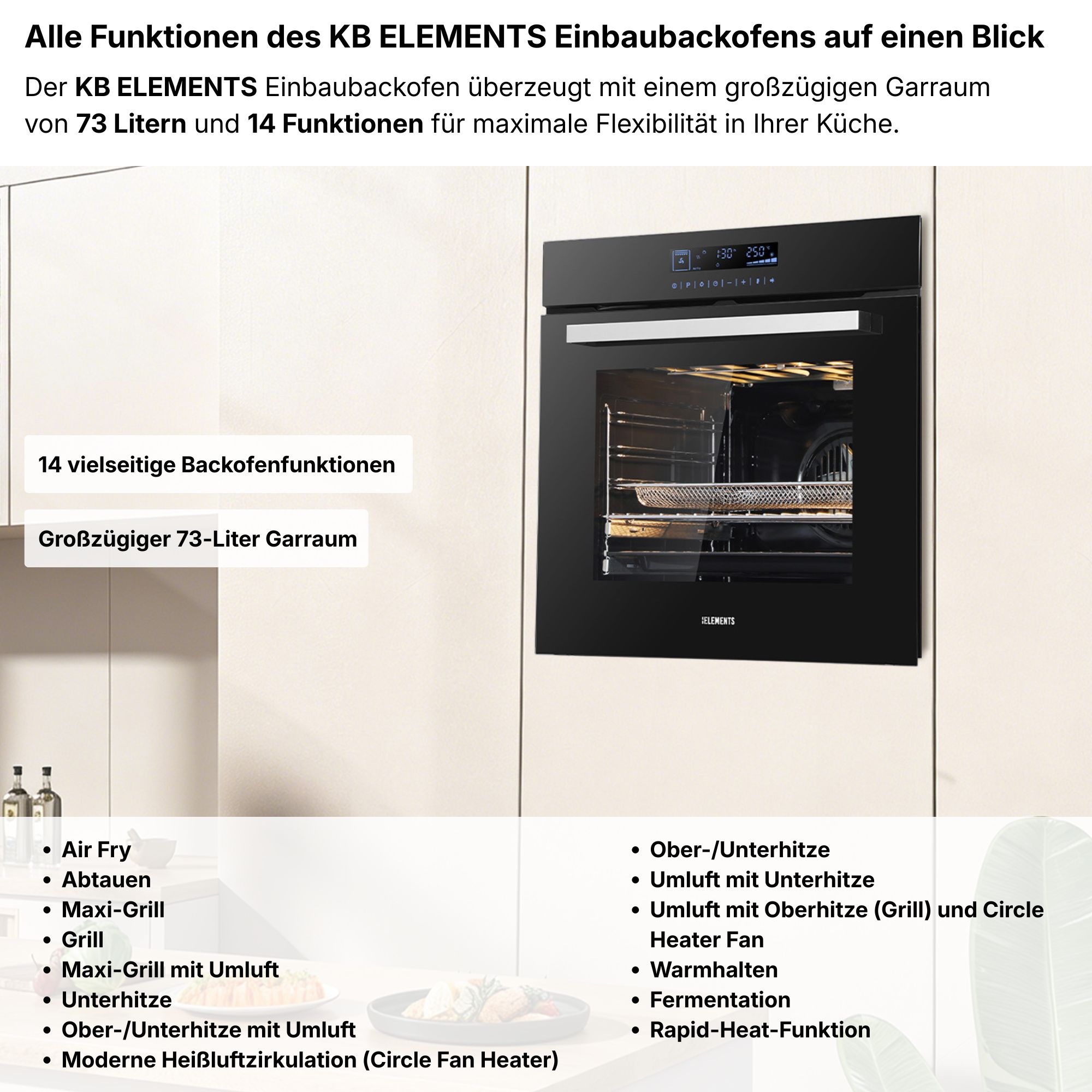 Einbauofen mit großem Garraum und Touch-Bedienfeld, daneben Liste von Funktionen.