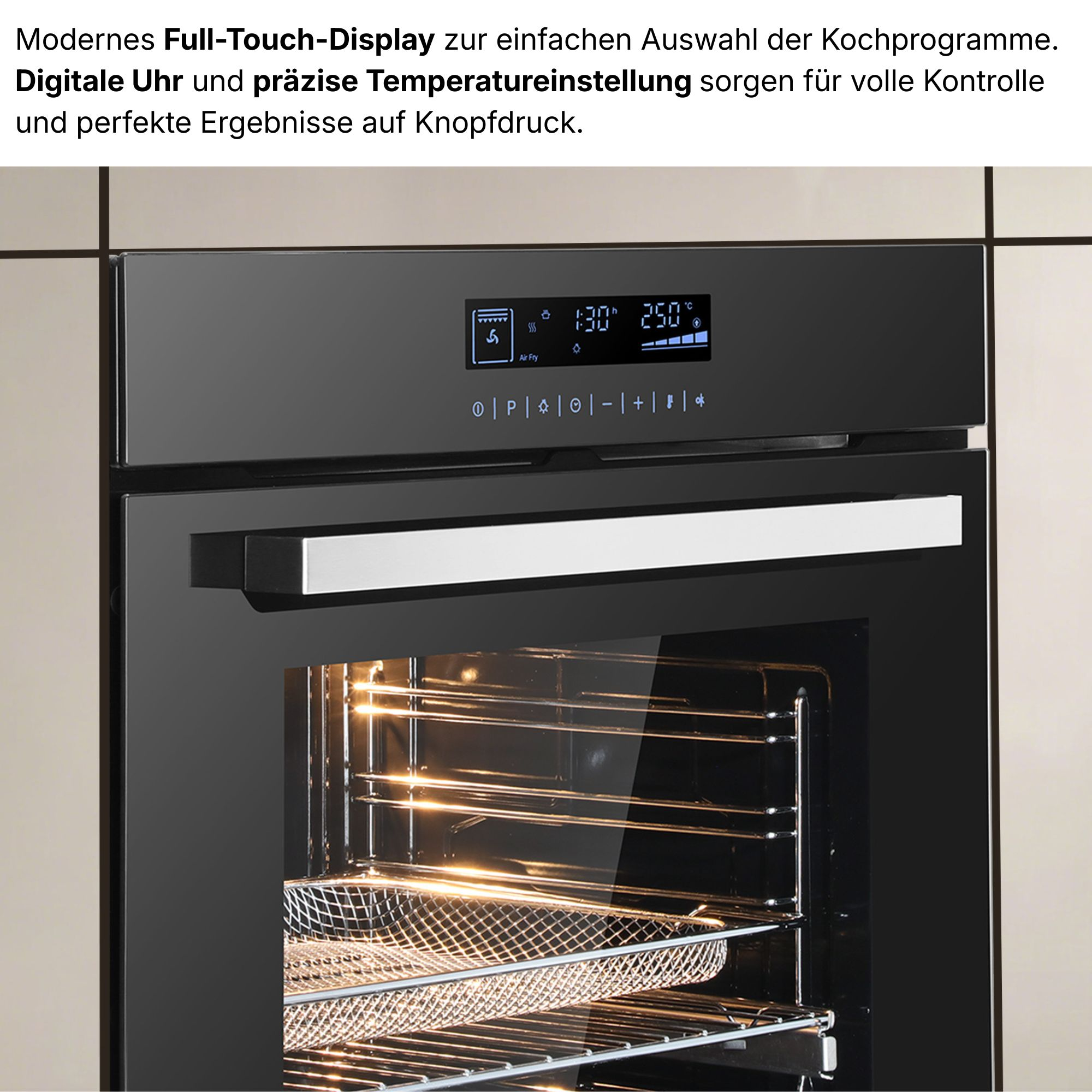 Ein moderner Einbauofen mit Touchscreen-Display, zeigt Zeit und Temperatur an.