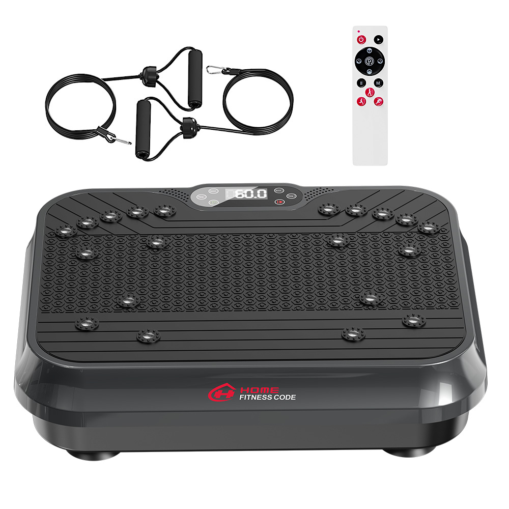 Czarna platforma wibracyjna z taśmami oporowymi, pilotem i wyświetlaczem.