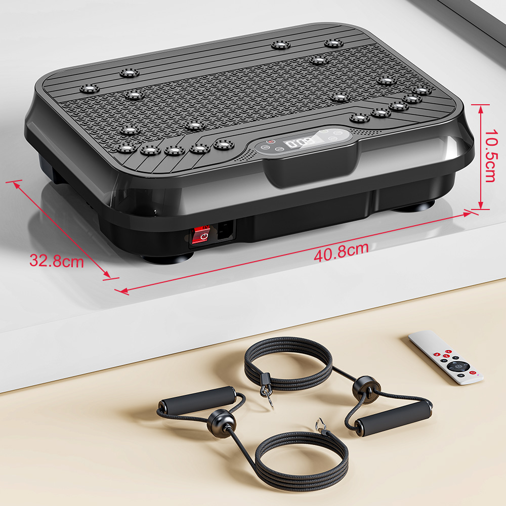 Czarna platforma wibracyjna z gumami oporowymi i pilotem.