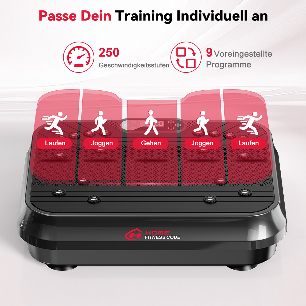 Platforma wibracyjna z 250 poziomami i 9 programami, pokazuje bieganie, jogging, chodzenie.