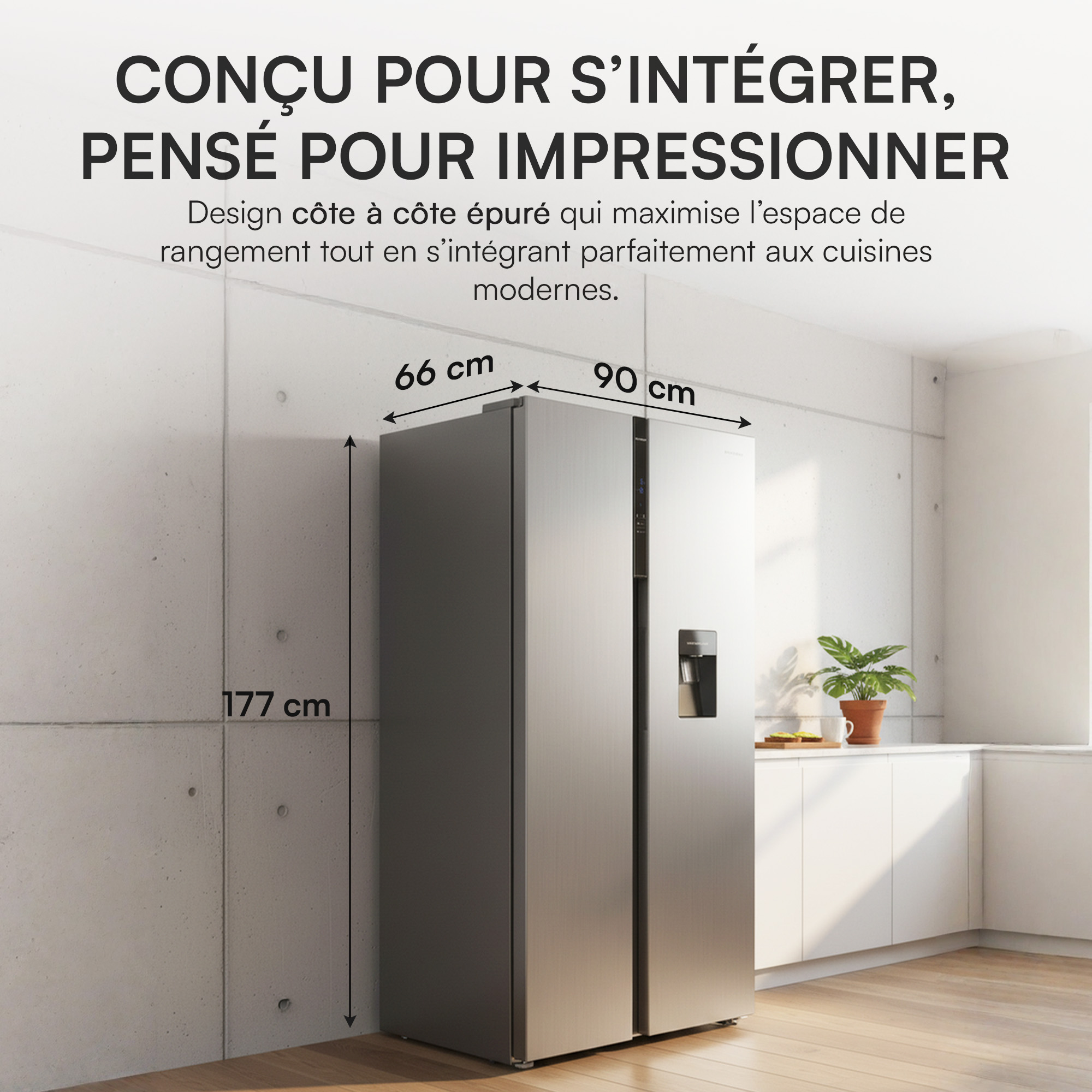 Un réfrigérateur argenté à deux portes dans une cuisine moderne. Les dimensions sont indiquées.