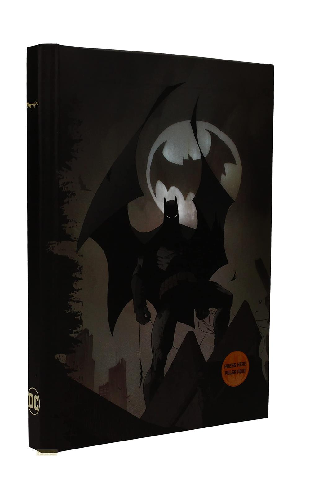Dunkles Buchcover zeigt Batman vor einem Mond mit dem Batman-Symbol.