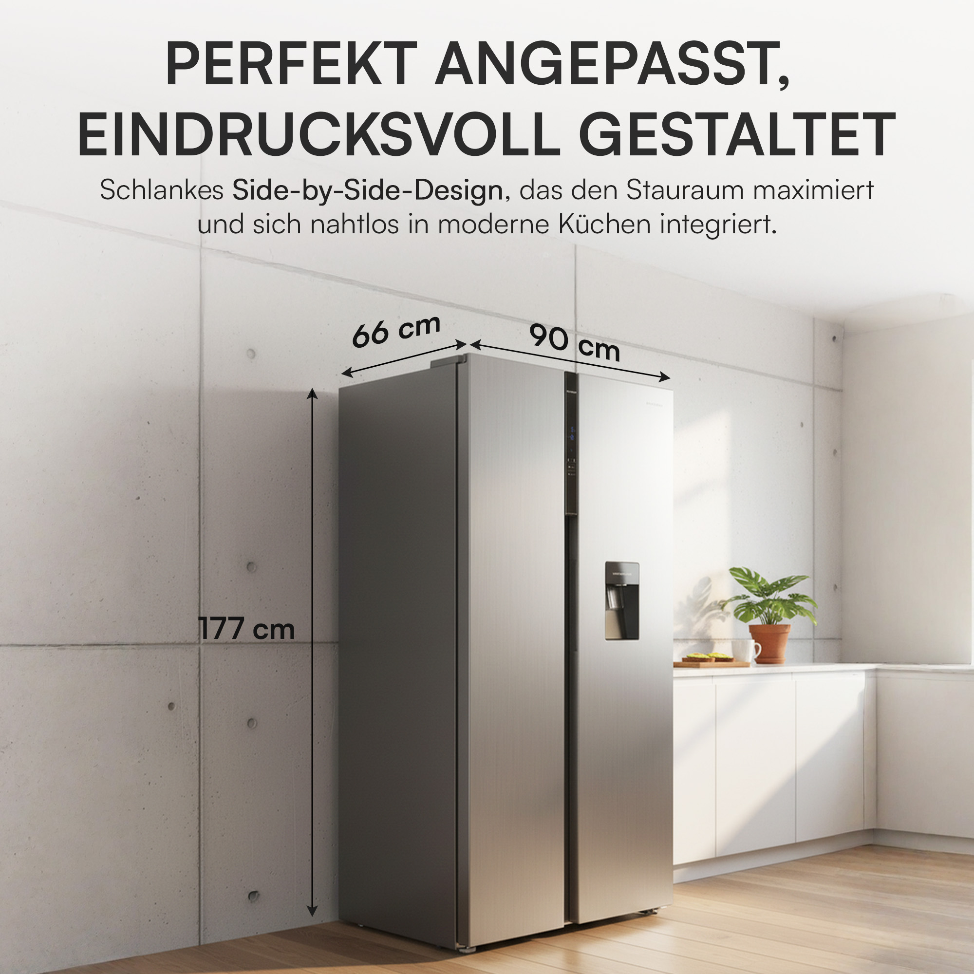 Ein silberner Side-by-Side-Kühlschrank mit Maßen 177x66x90 cm.