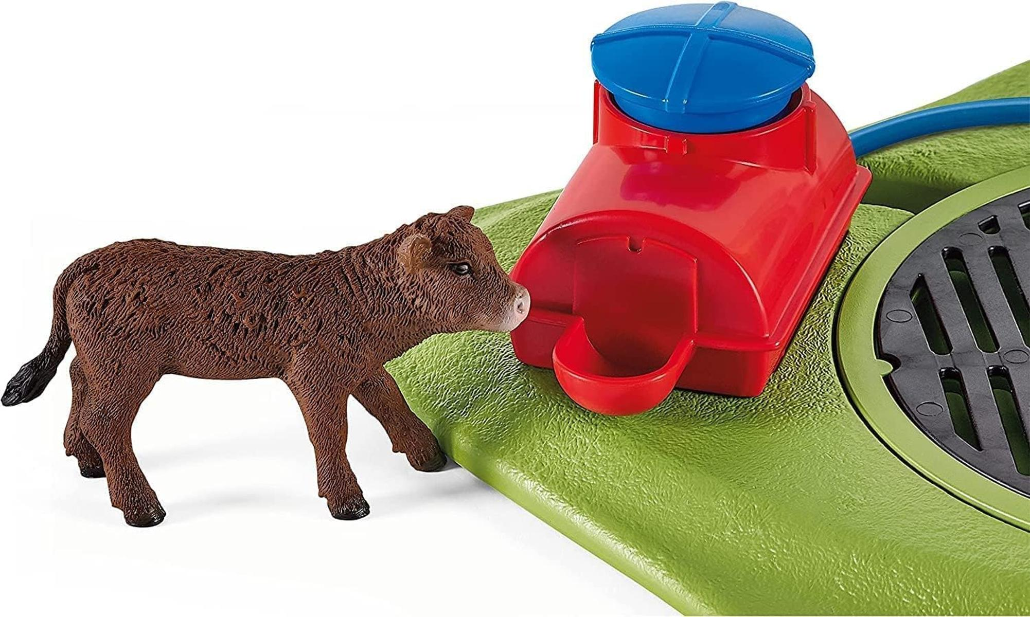 Ein braunes Kalb steht neben einem roten Futterspender mit blauem Deckel auf grünem Untergrund.