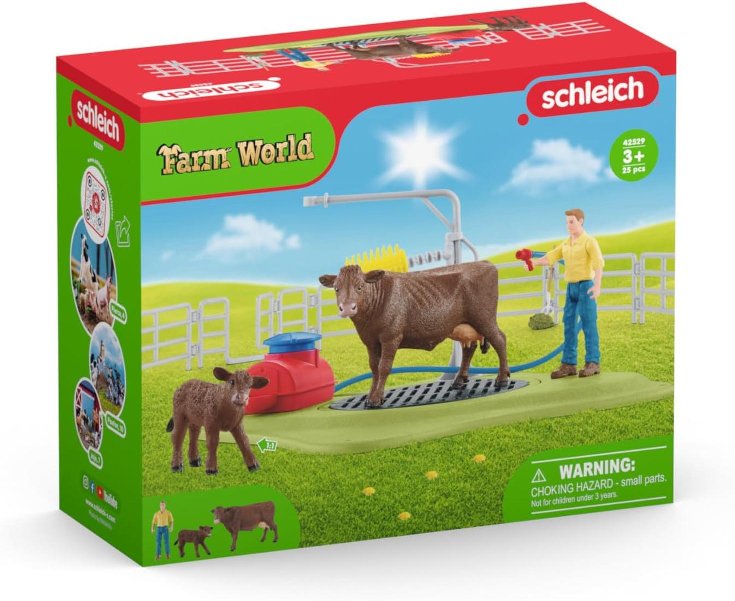 Spielzeug-Bauernhof-Set mit Kuh, Kalb, Mann und Waschstation.