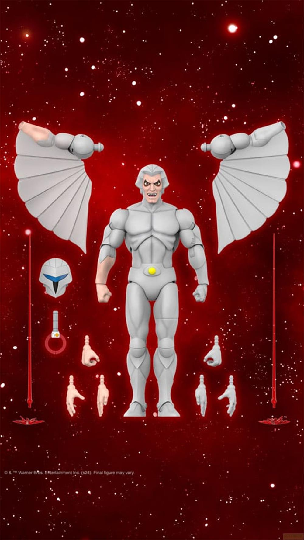 Eine graue Actionfigur mit Flügeln, Helm und Zubehör vor rotem Sternenhintergrund.