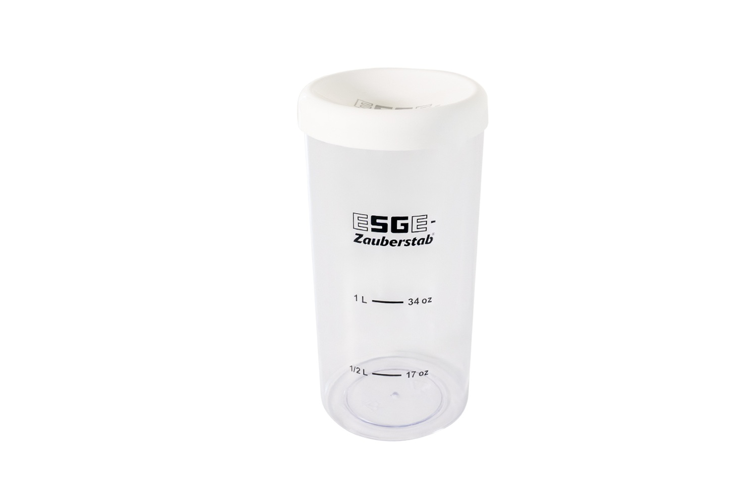 Transparenter Becher mit weißem Deckel, Markierungen für 1 L und 0,5 L.