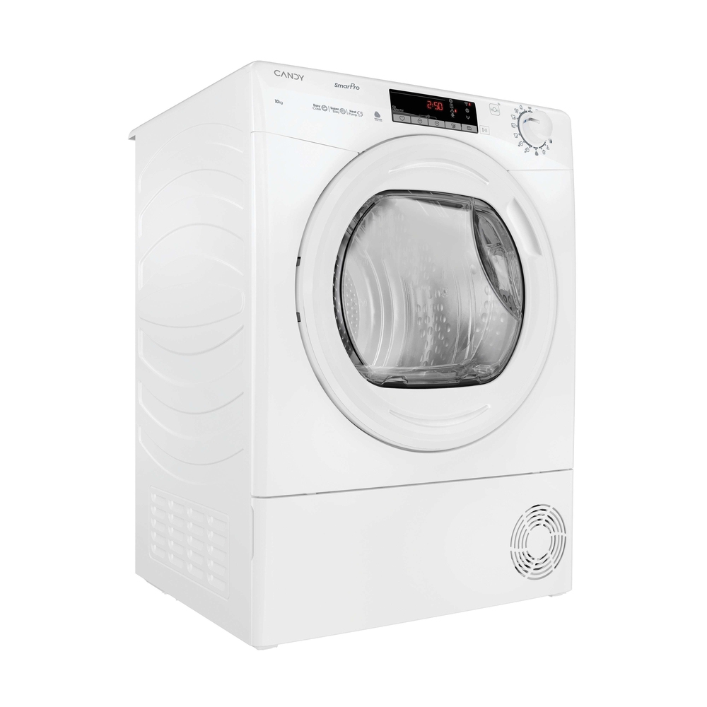 Una secadora blanca con puerta redonda y pantalla digital.
