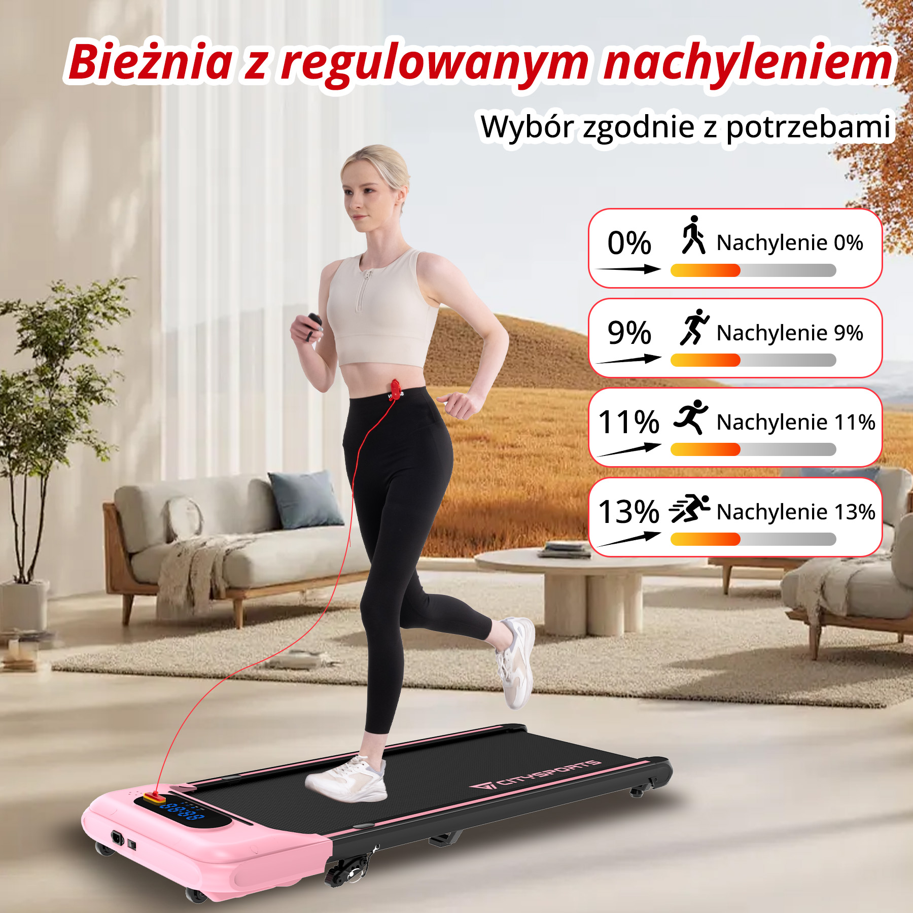 Kobieta biegnie na różowej bieżni z regulowanym nachyleniem w salonie.