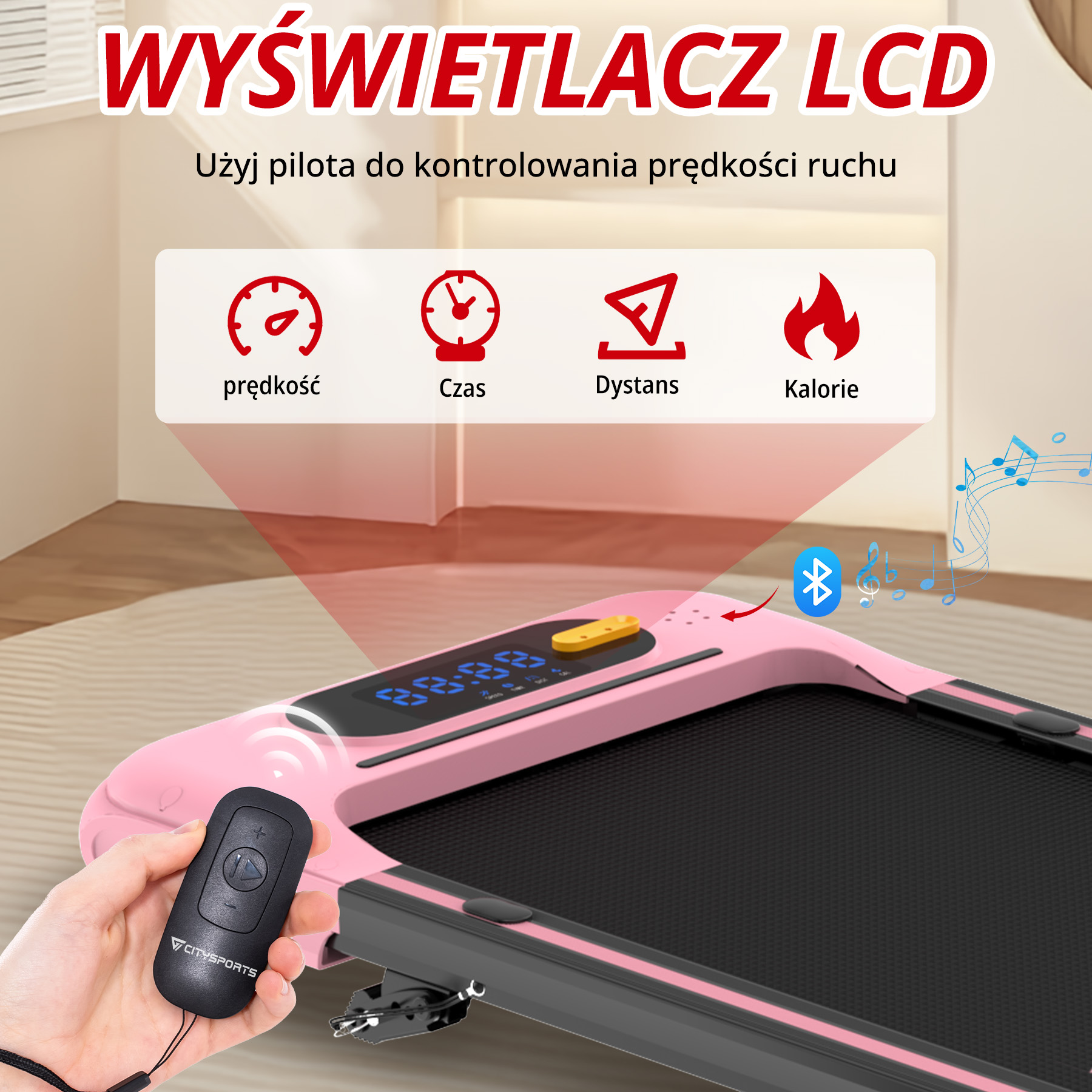 Różowa bieżnia z pilotem i wyświetlaczem LCD.