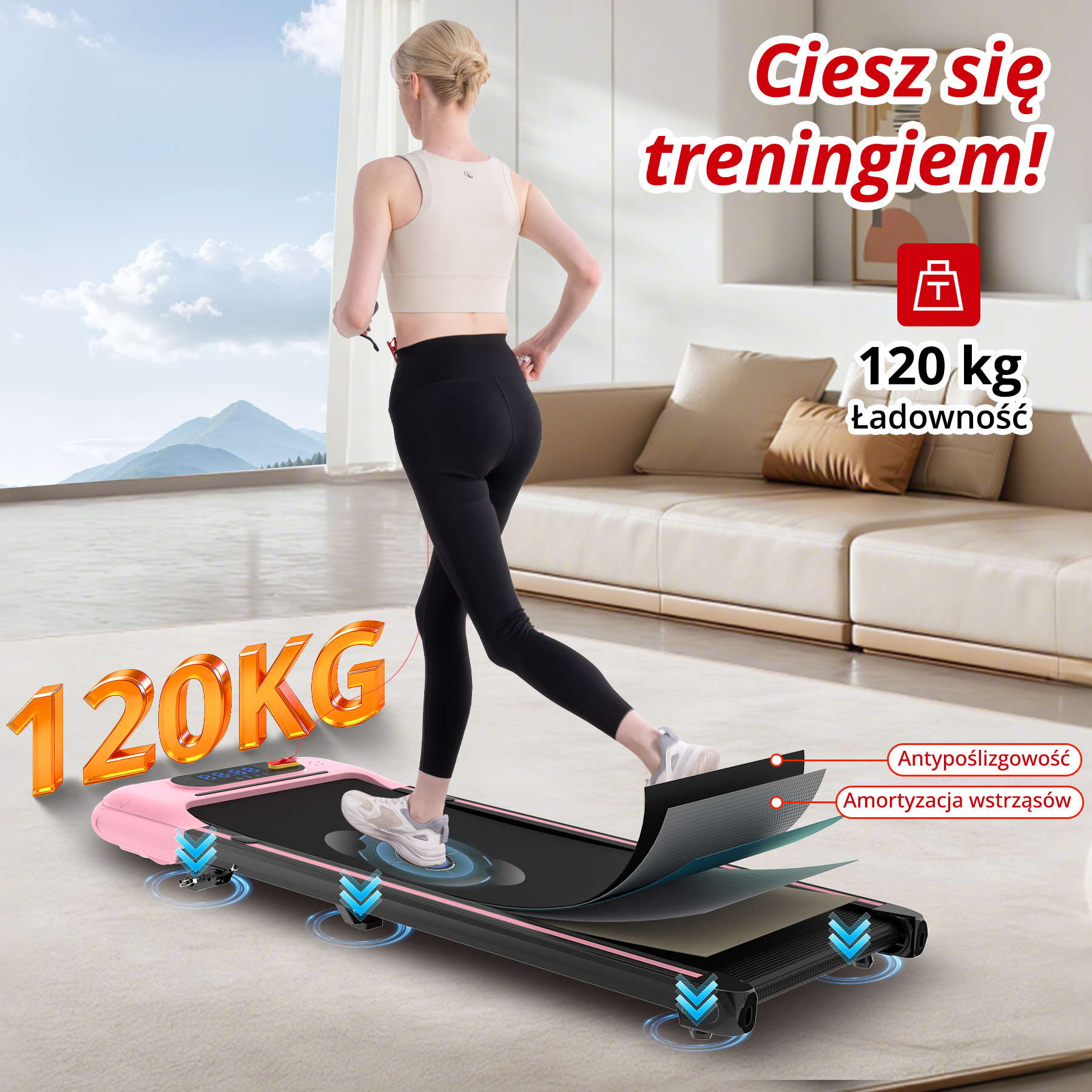 Kobieta biegnie na różowej bieżni w salonie. Góry w tle.