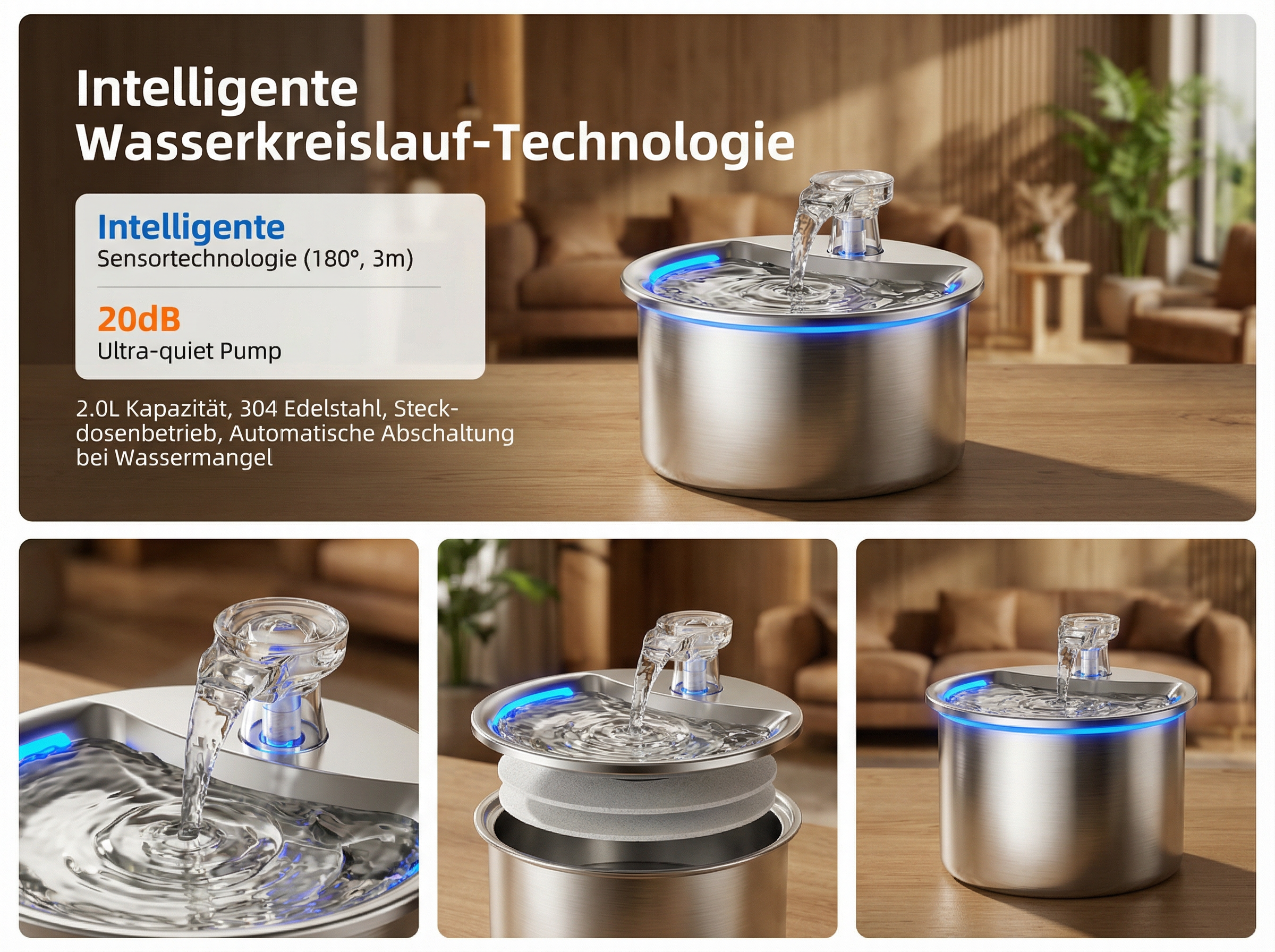 Edelstahl-Trinkbrunnen mit blauem Licht fließt Wasser aus dem oberen Auslauf.