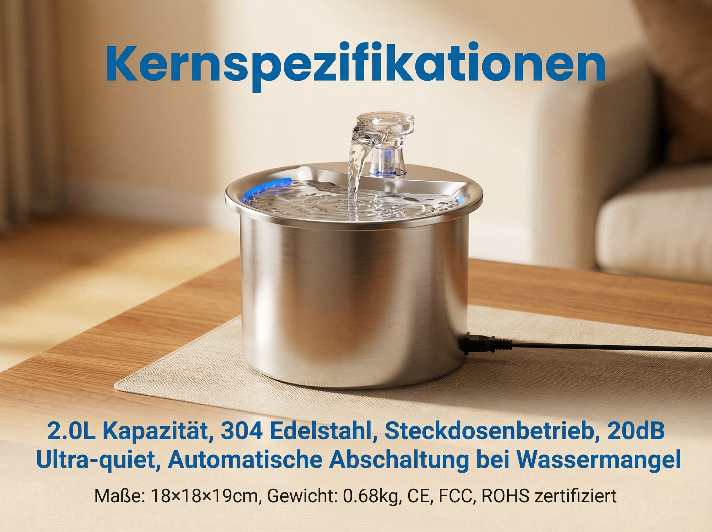 Edelstahl-Wasserspender mit blauem Licht und Wasserfluss.