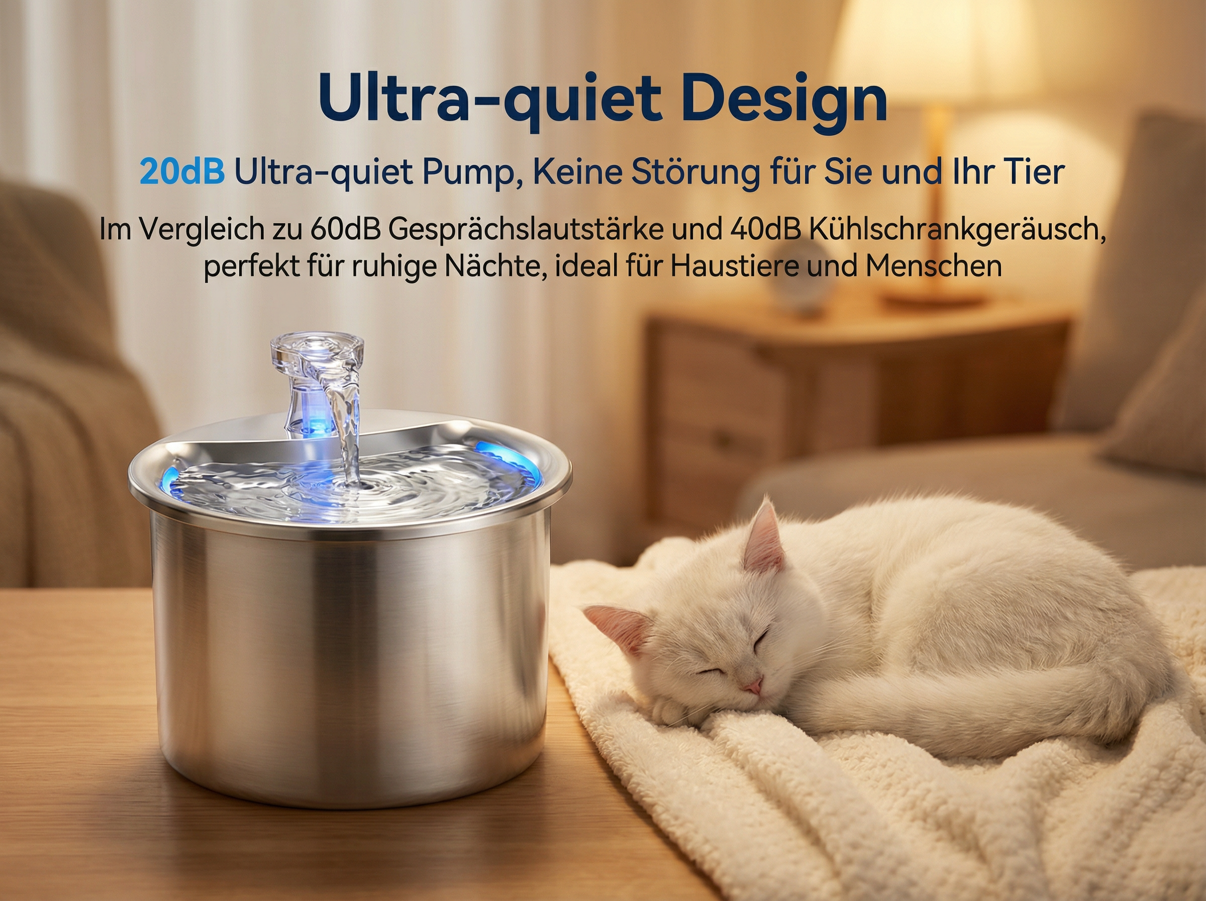 Ein weißes Kätzchen schläft neben einem silbernen Trinkbrunnen mit fließendem Wasser.