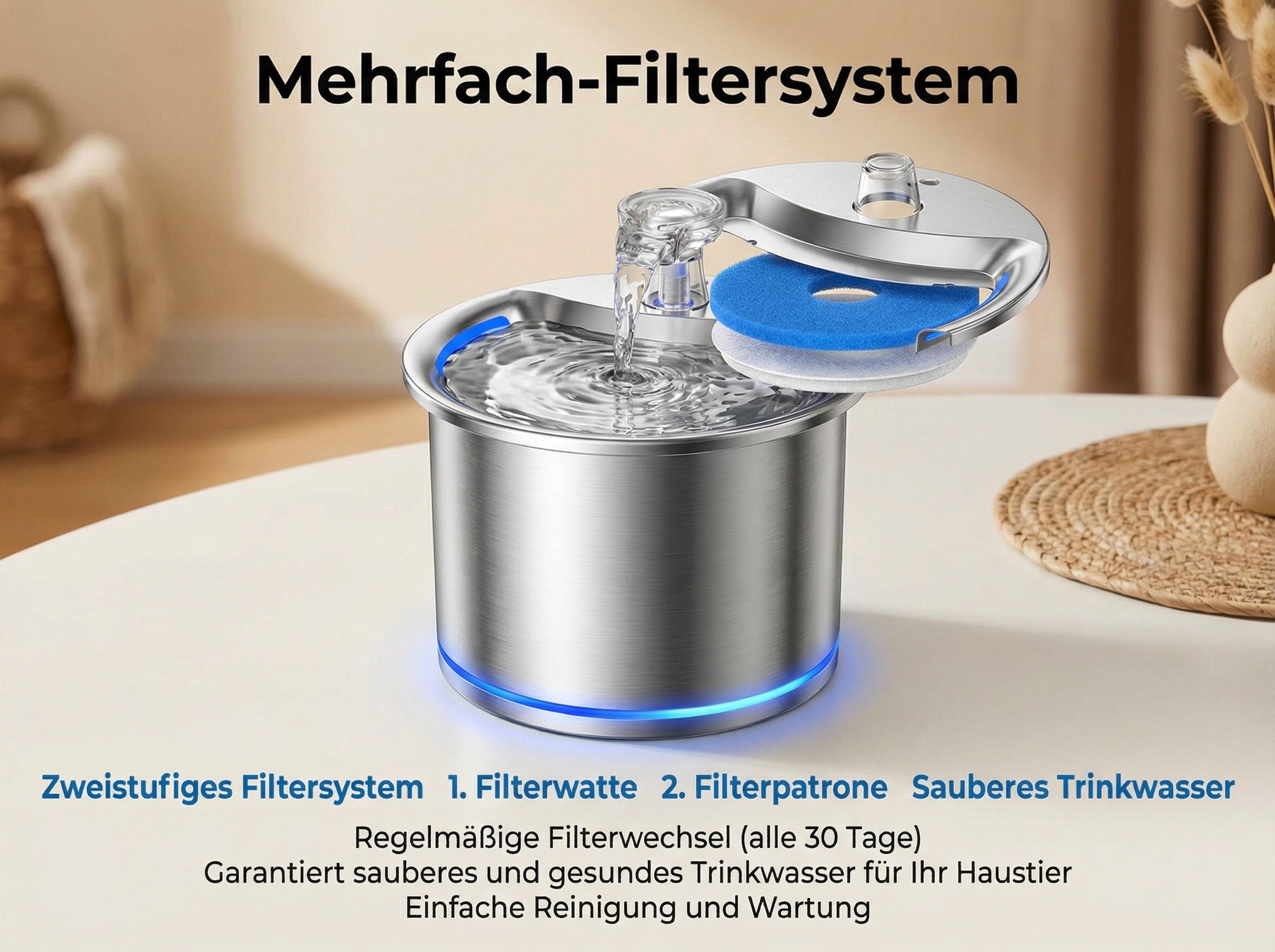 Ein silberner Trinkbrunnen für Haustiere mit blauem Licht und Wasserfluss.
