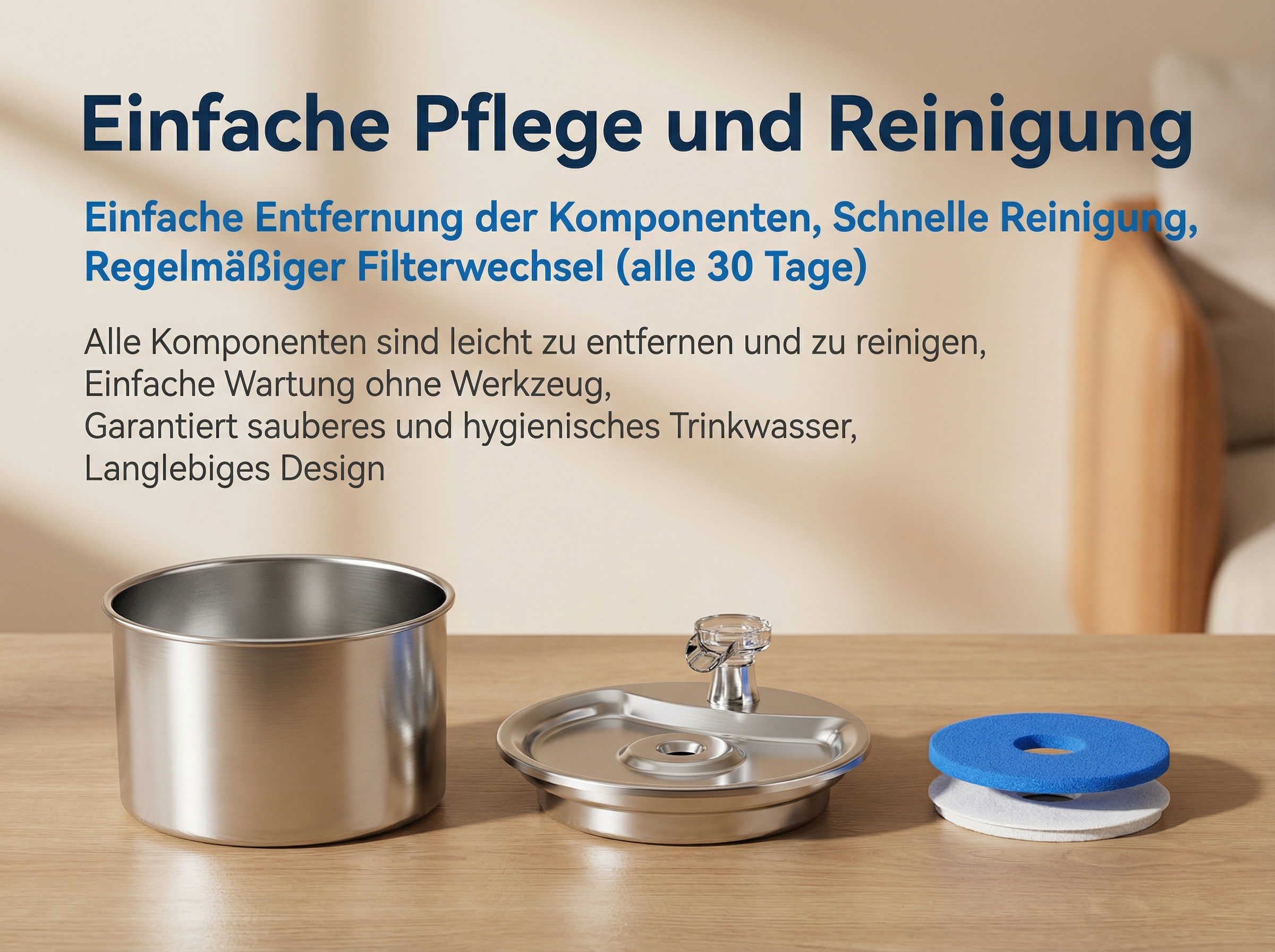 Edelstahltank, Deckel und blaue Filterelemente auf Holztisch.