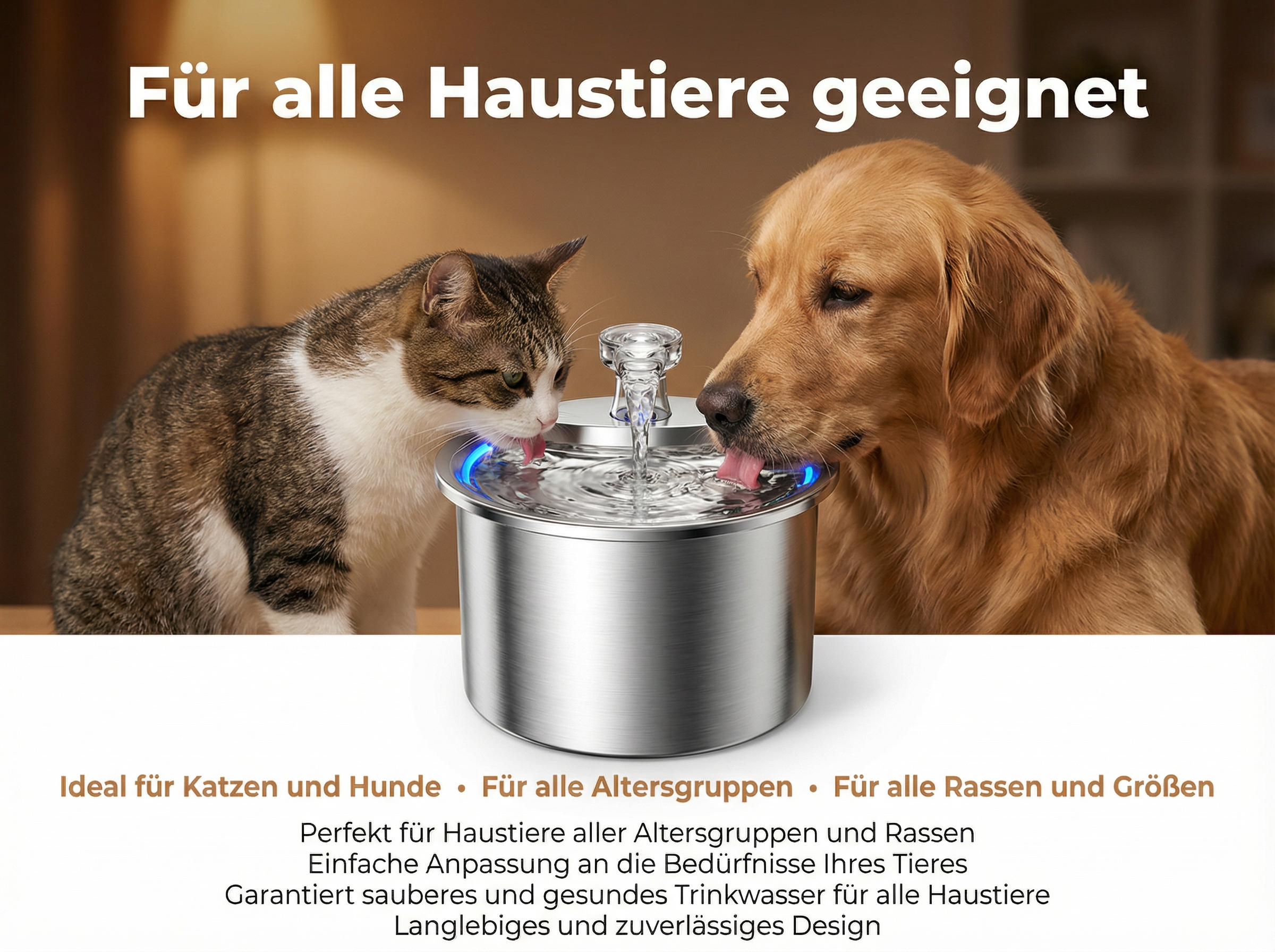 Katze und Hund trinken aus einem silbernen Trinkbrunnen mit blauem Licht.
