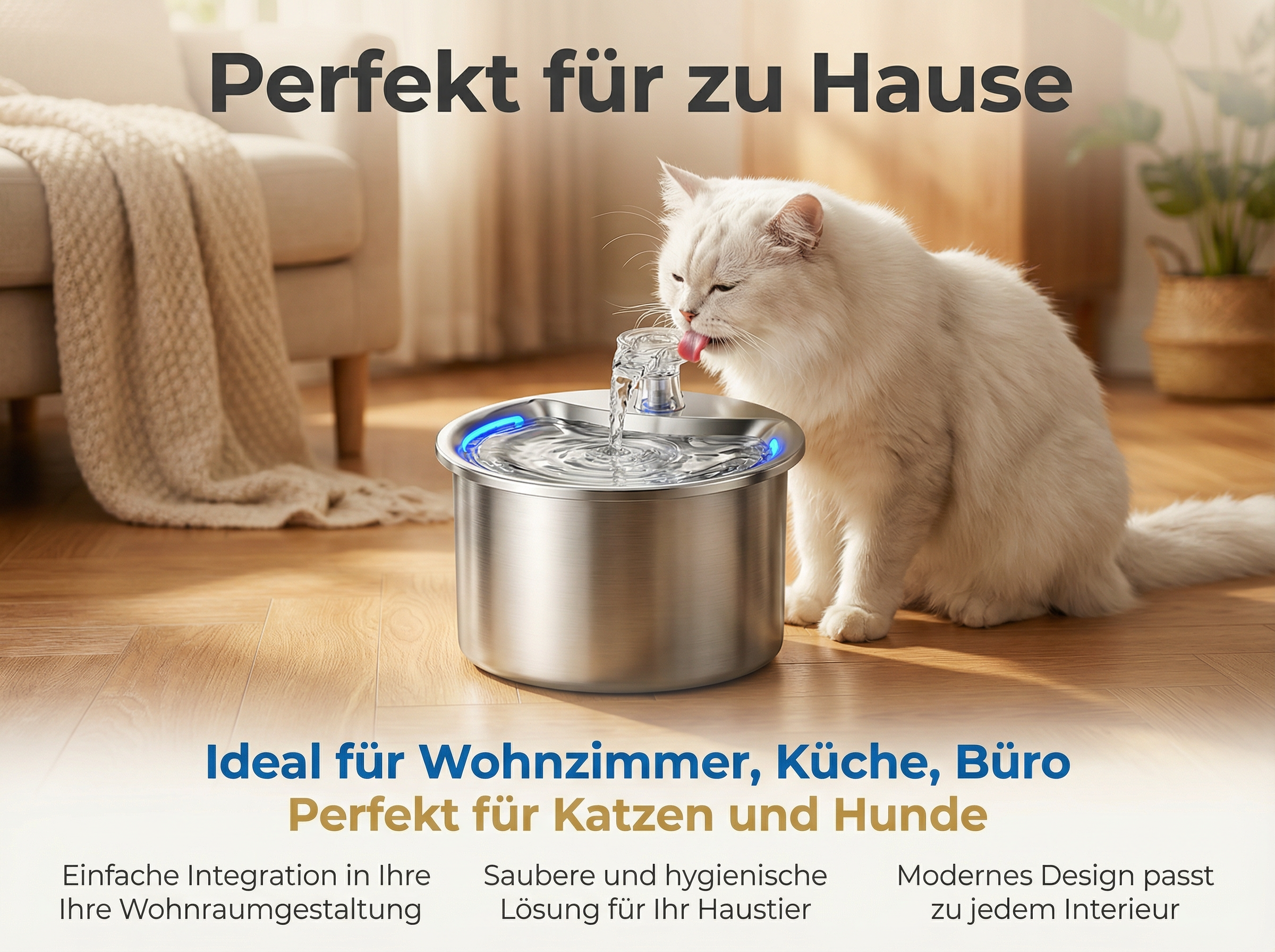 Eine weiße Katze trinkt aus einem silbernen Trinkbrunnen in einem Wohnzimmer.