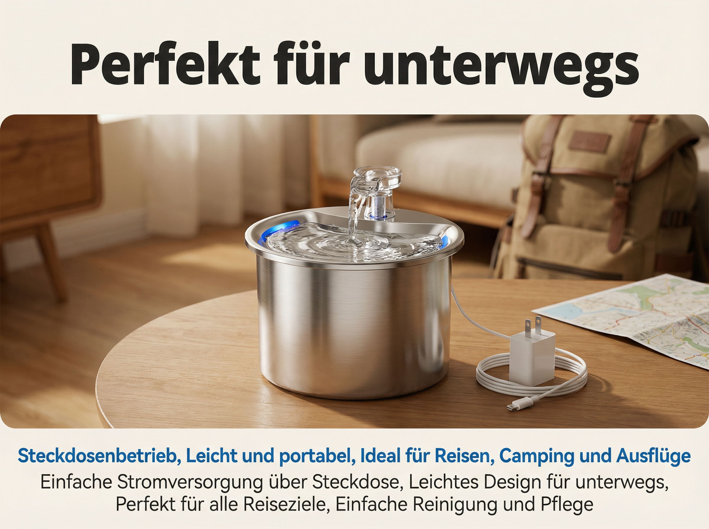 Ein silberner Trinkbrunnen mit Wasserfluss, daneben ein Rucksack, Karte und Ladegerät.