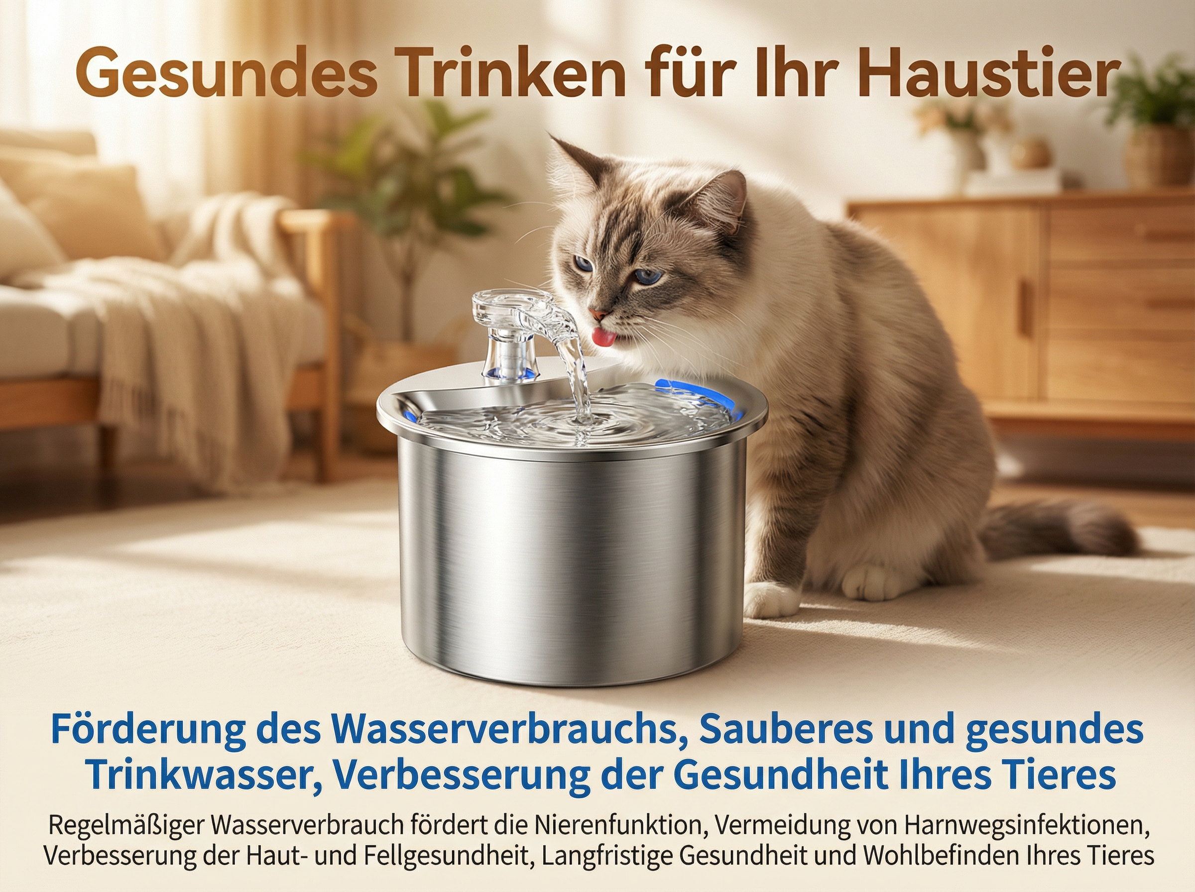 Eine Katze trinkt aus einem Wasserspender mit fließendem Wasser.