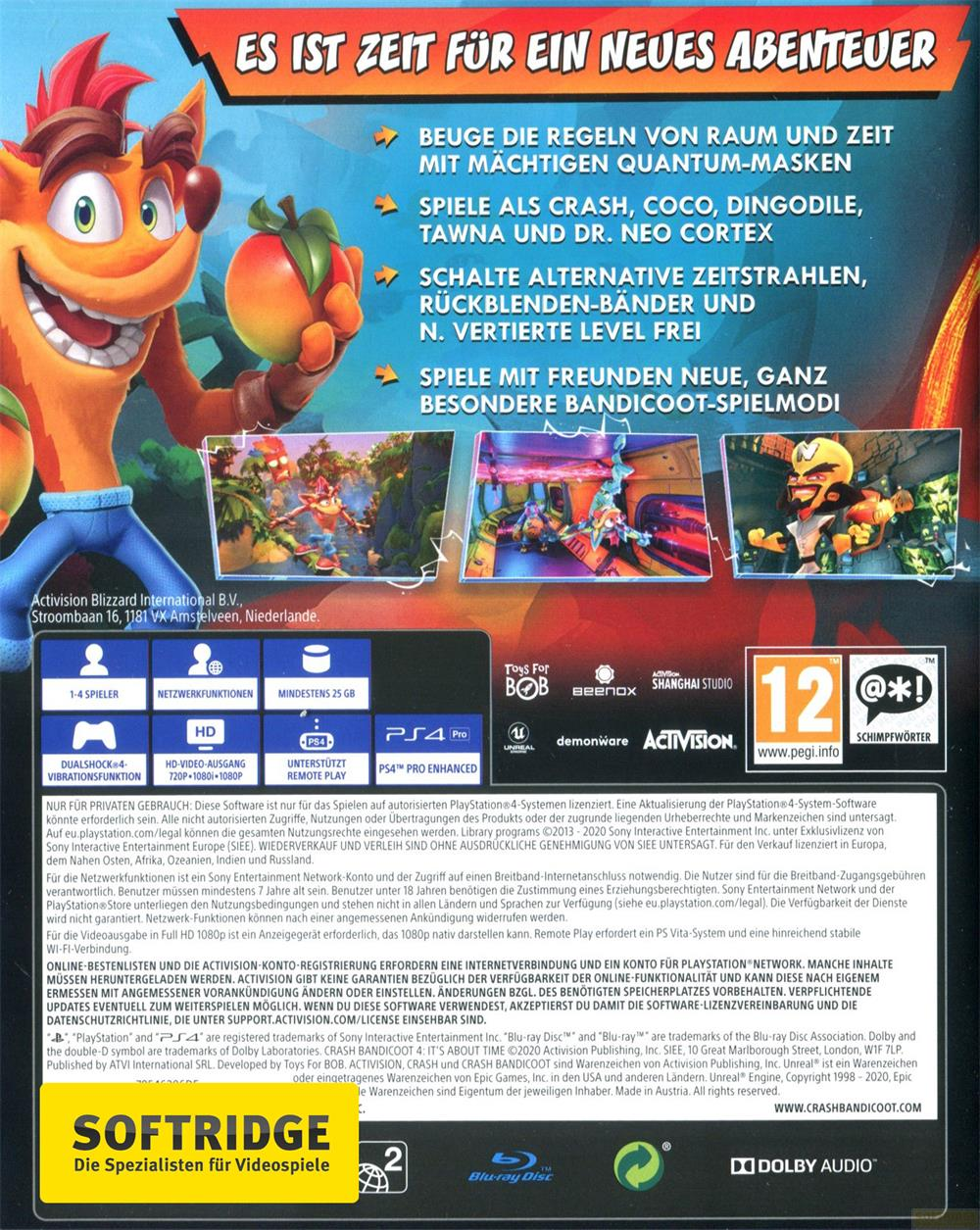 Crash Bandicoot 4 Hülle: Crash hält eine Frucht, mit Spiel-Infos und Logos.