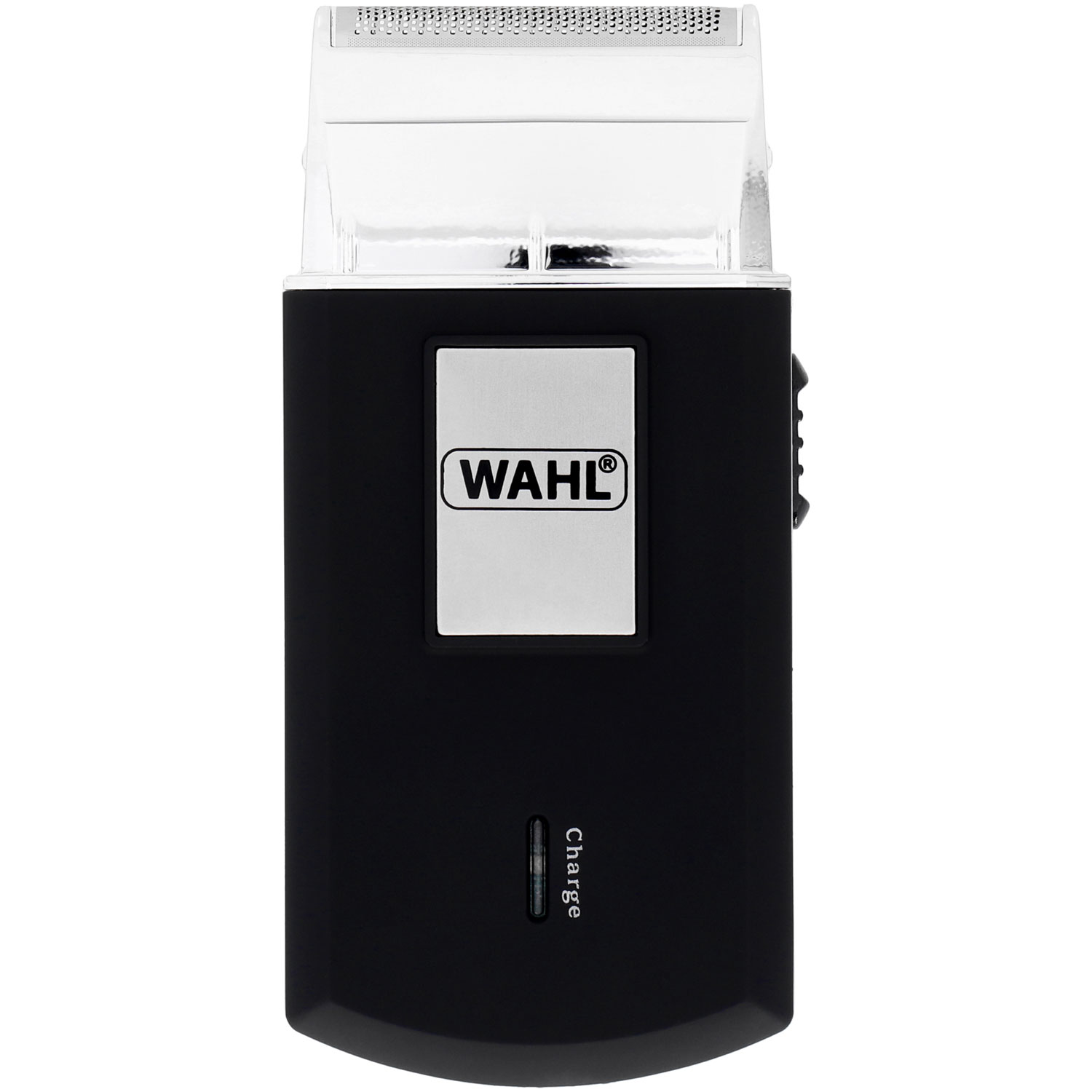 Czarna elektryczna maszynka do golenia Wahl ze srebrnym logo i wskaźnikiem ładowania.