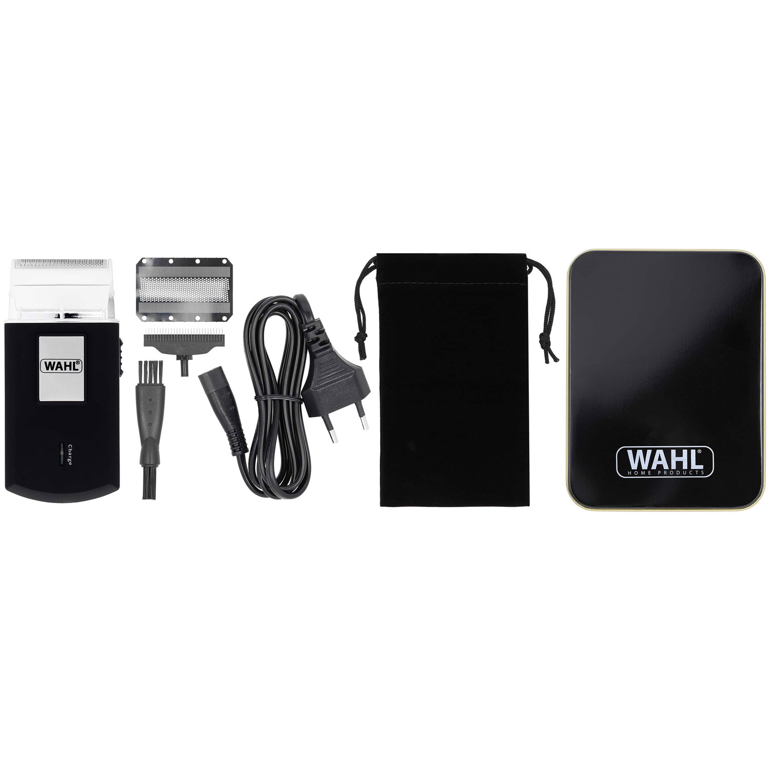 Głowica golarki Wahl, ostrza zapasowe, szczoteczka, kabel ładujący i czarna saszetka.