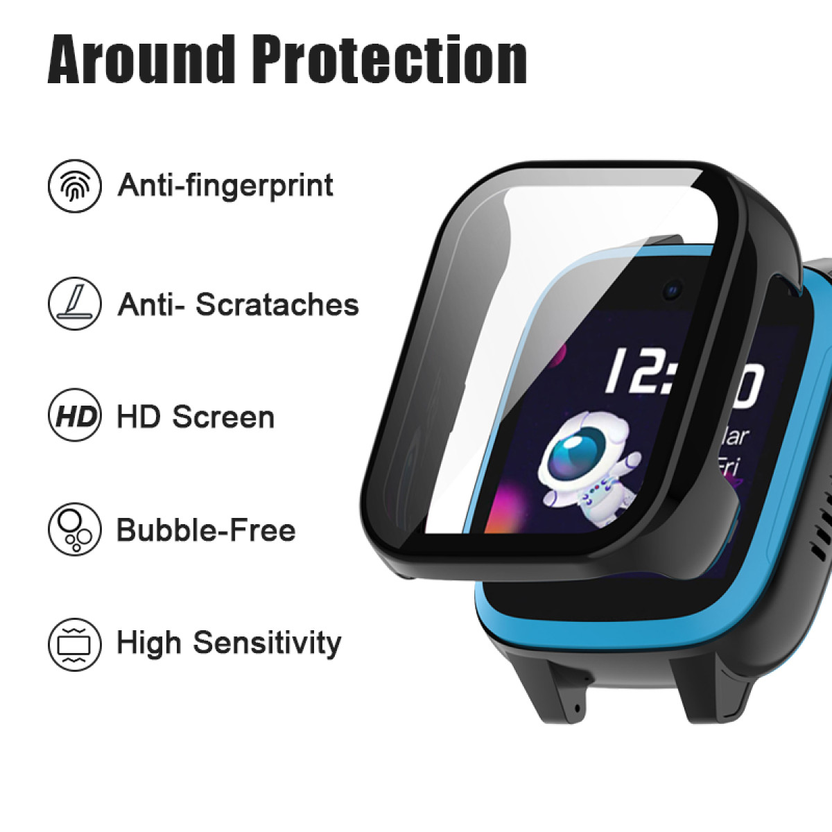 Een smartwatch met schermprotector. Kenmerken: Anti-vingerafdruk, Krasbestendig, HD-scherm, Bubbelvrij, Hoge gevoeligheid.