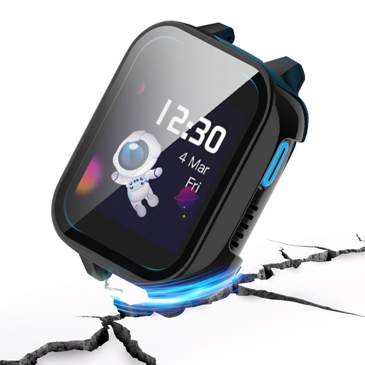 Een smartwatch met astronauten-display op gebarsten grond.