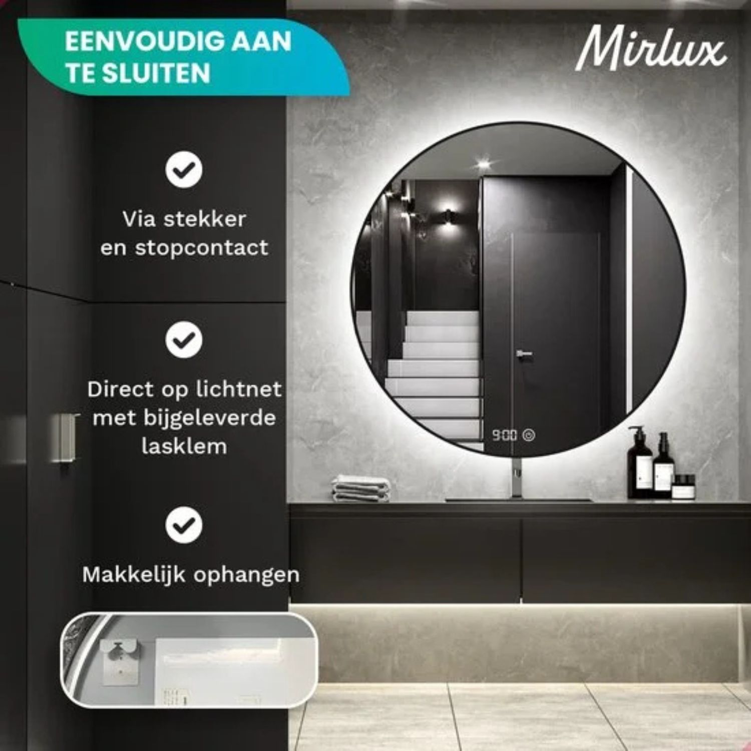 Moderne ronde spiegel met LED-verlichting, met diverse installatieopties.