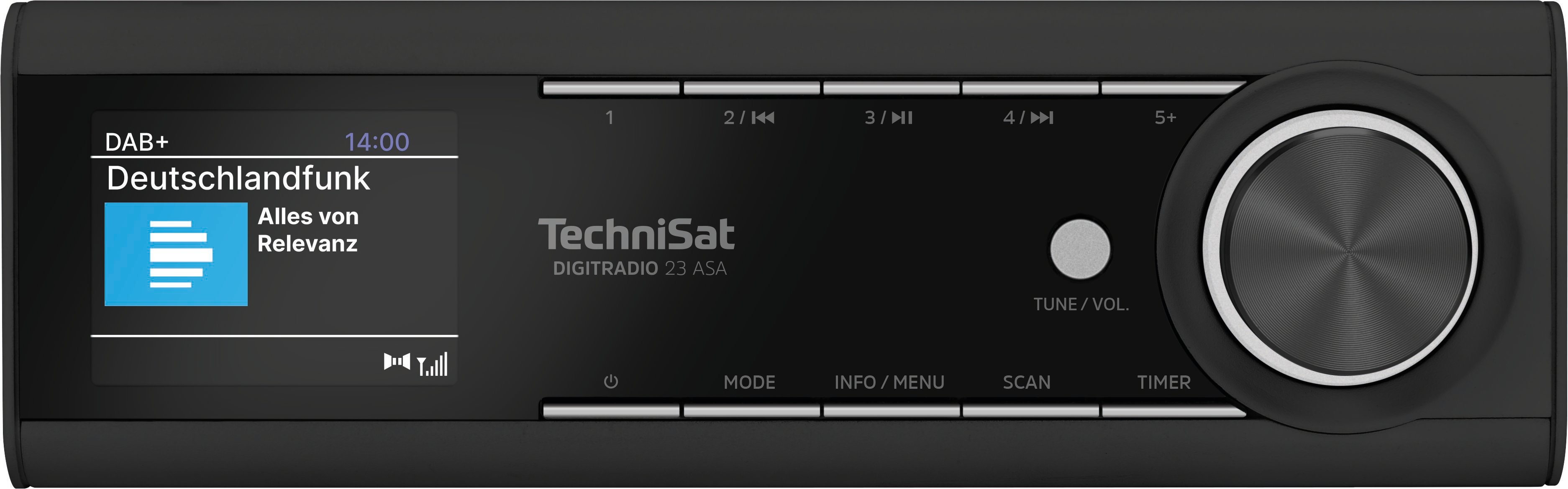 Una radio DAB+ nera con display che mostra Deutschlandfunk. Una manopola a destra.