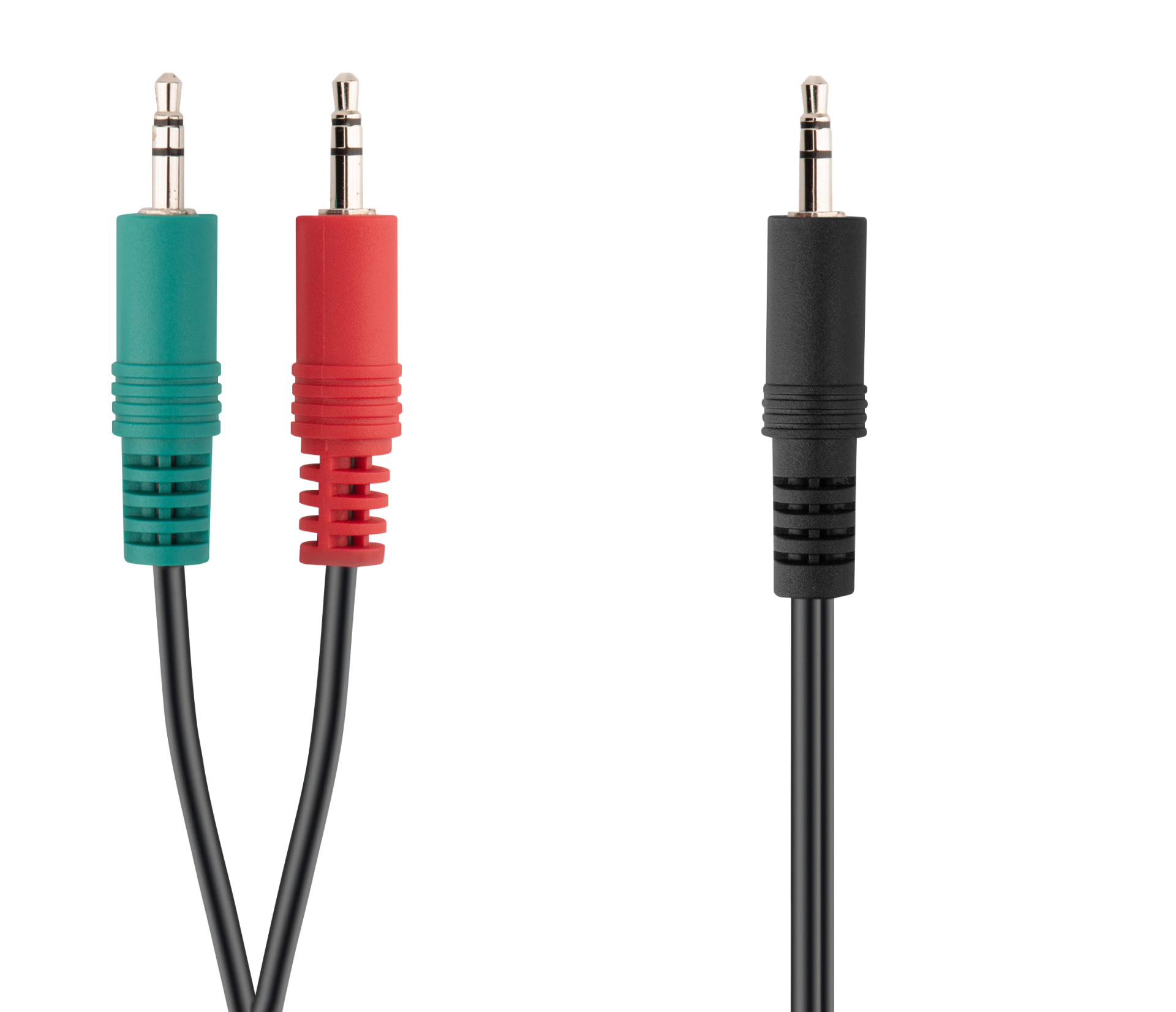 Three 3.5mm jack plugs: two red/green, one black.